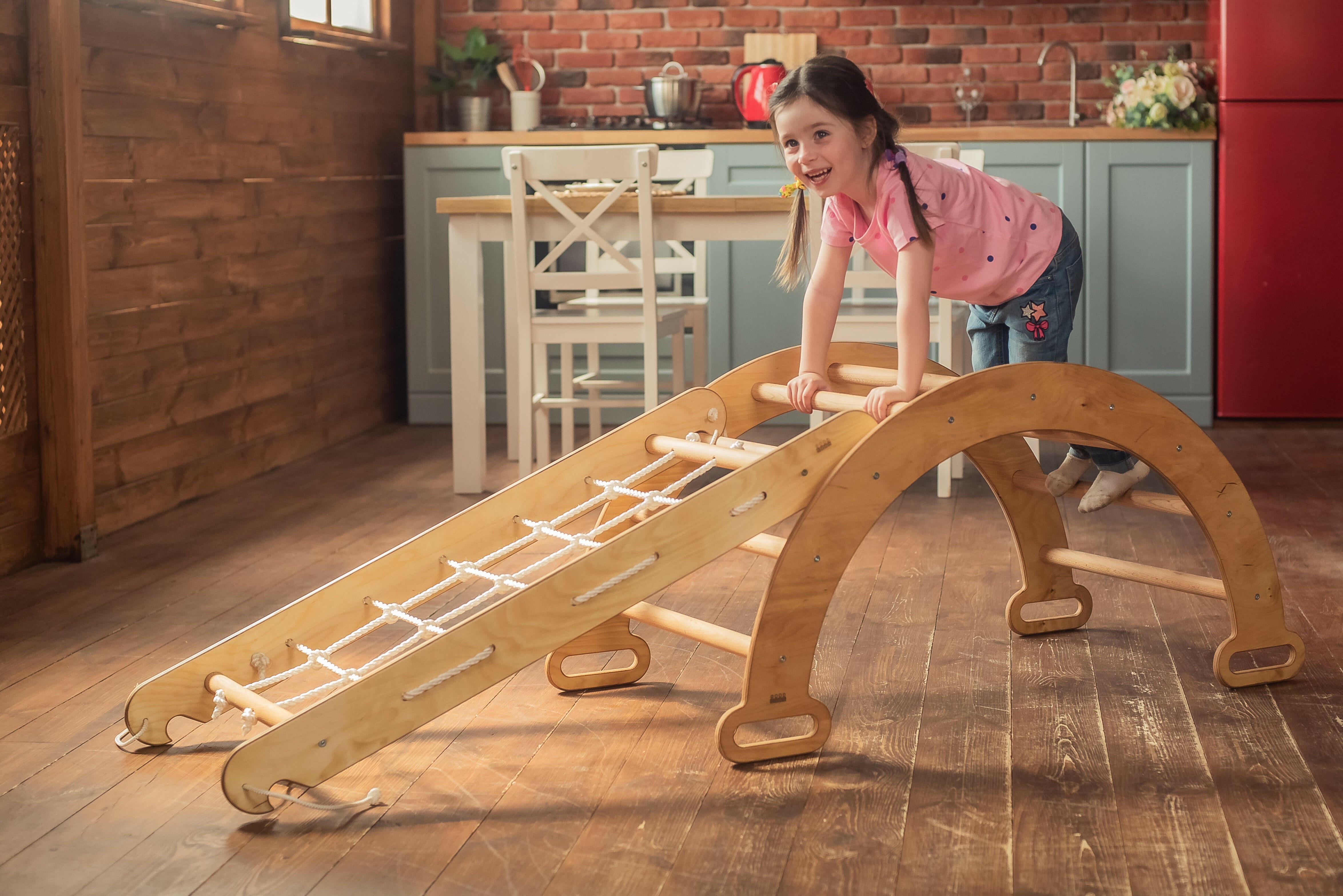2in1 Montessori Climbing Set: Climbing Arch/Rocker Balance + Climbing Net – Beige 2in1 Playsets Goodevas