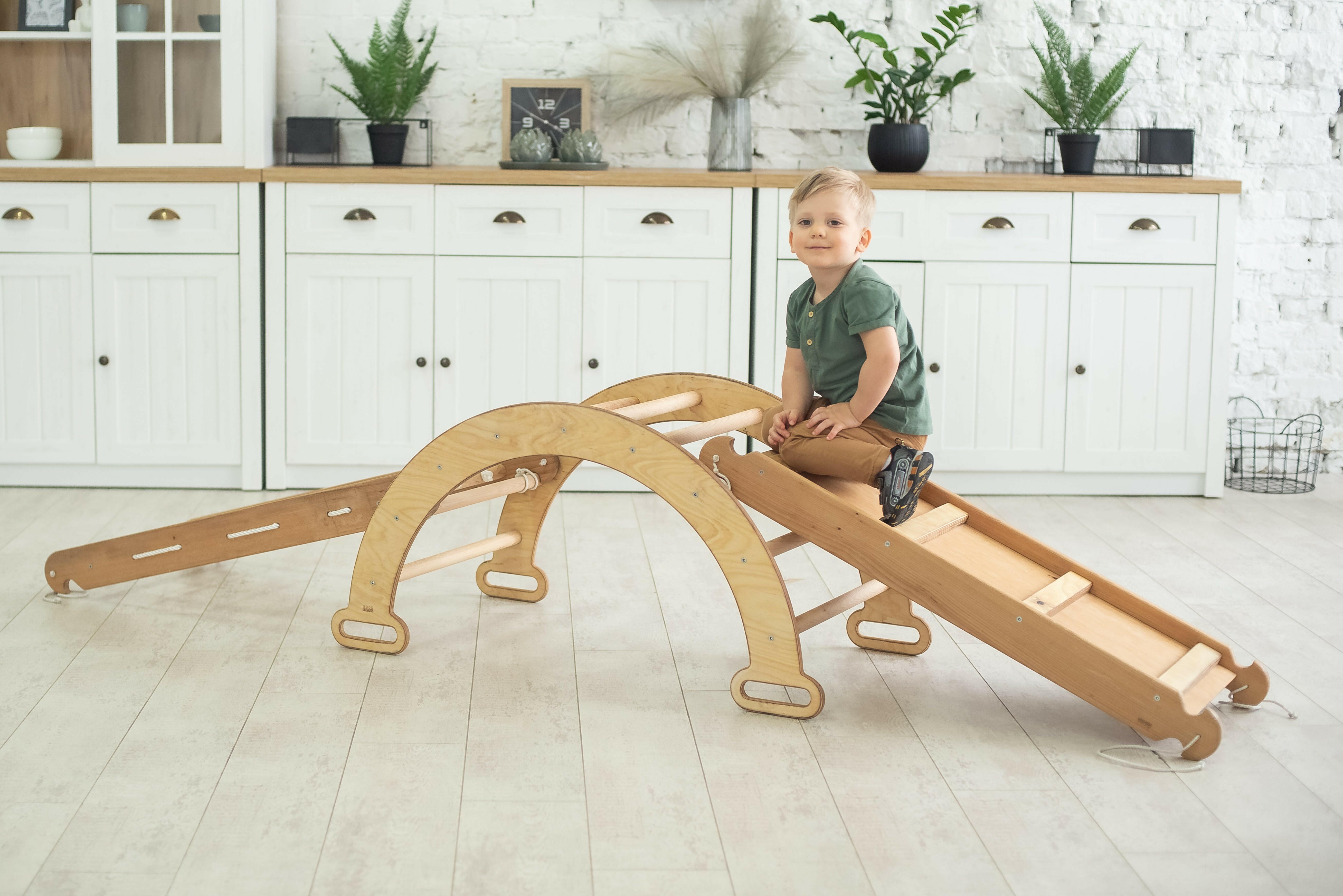 3in1 Montessori Climbing Frame Set: Arch/Rocker + Slide Board + Net – Beige 3in1 Playsets Goodevas