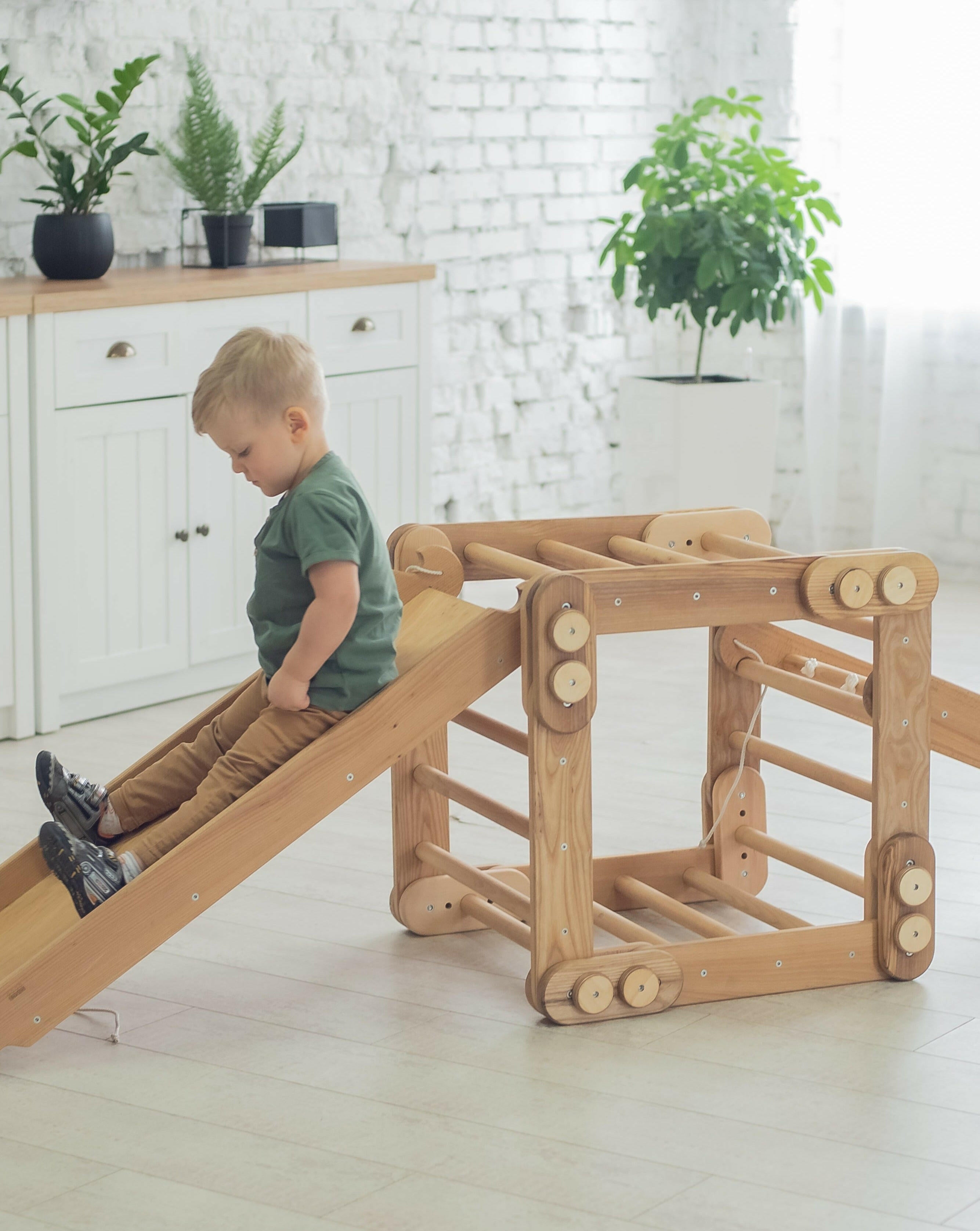 3in1 Montessori Climbing Frame Set: Snake Ladder + Slide Board/Ramp + Net – Beige 3in1 Playsets Goodevas