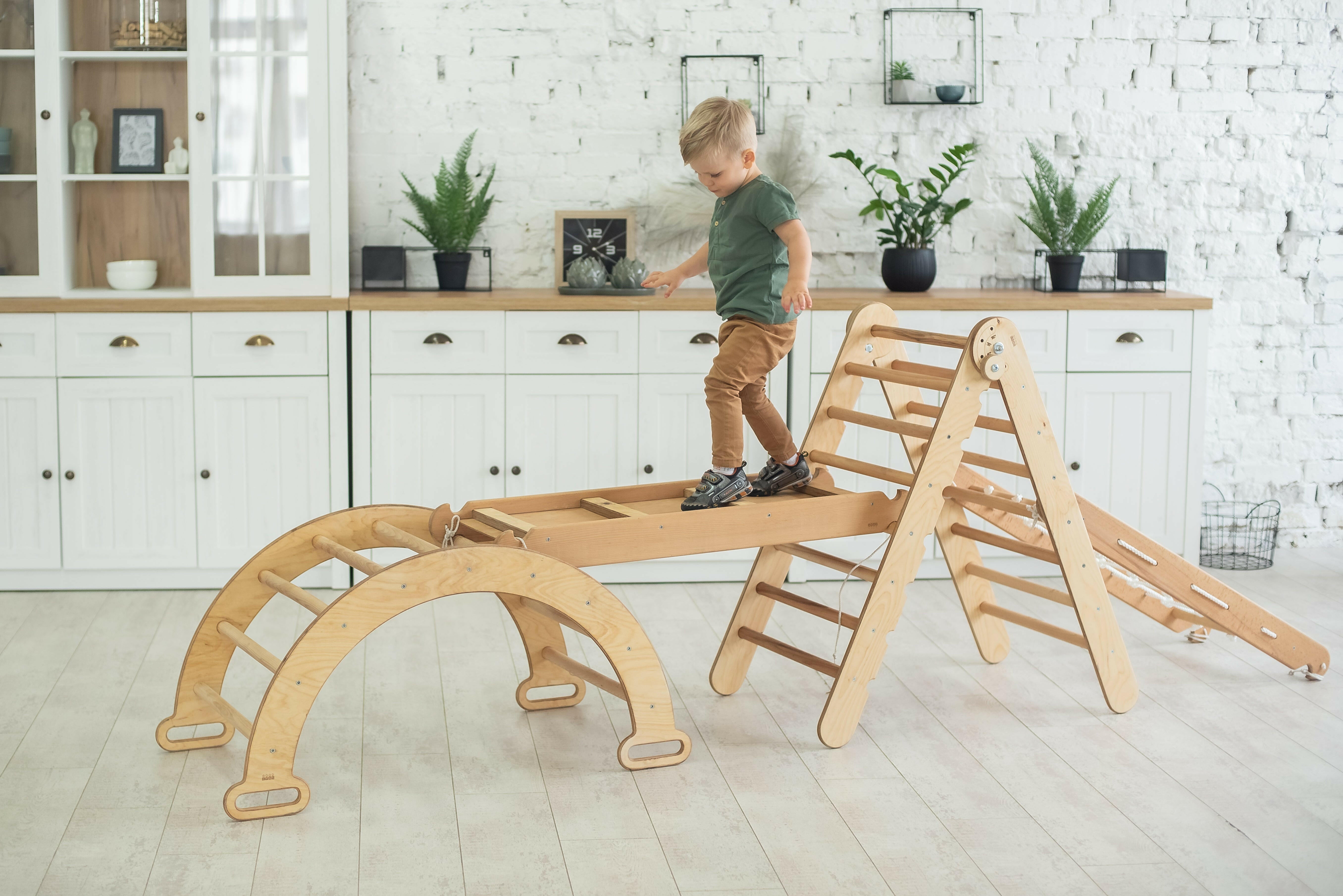 4in1 Montessori Climbing Set: Triangle Ladder + Arch/Rocker + Slide Board/Ramp + Climbing Net – Beige 4in1 Playsets Goodevas