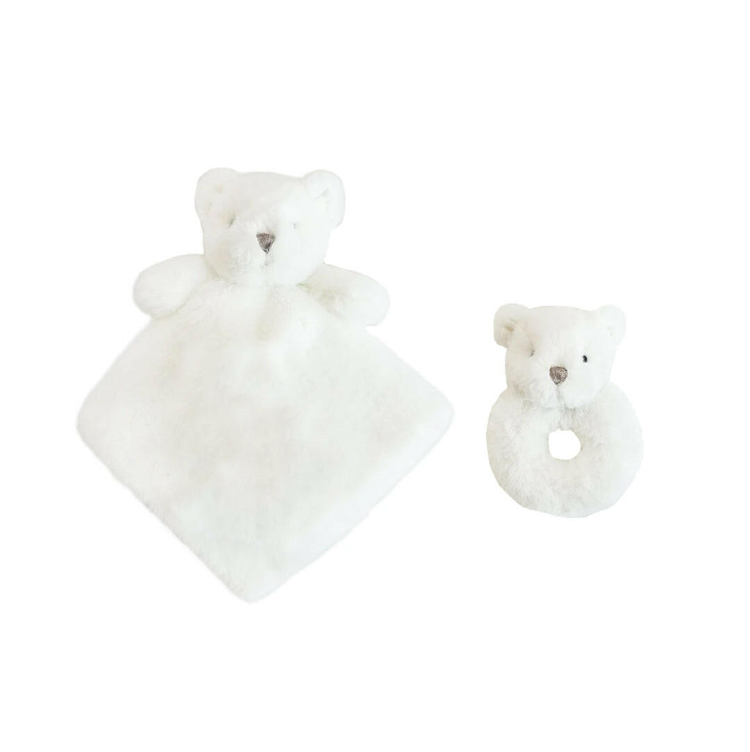 WHITE LUXE BEAR LOVIE AND RATTLE SET Security Blankie MON AMI