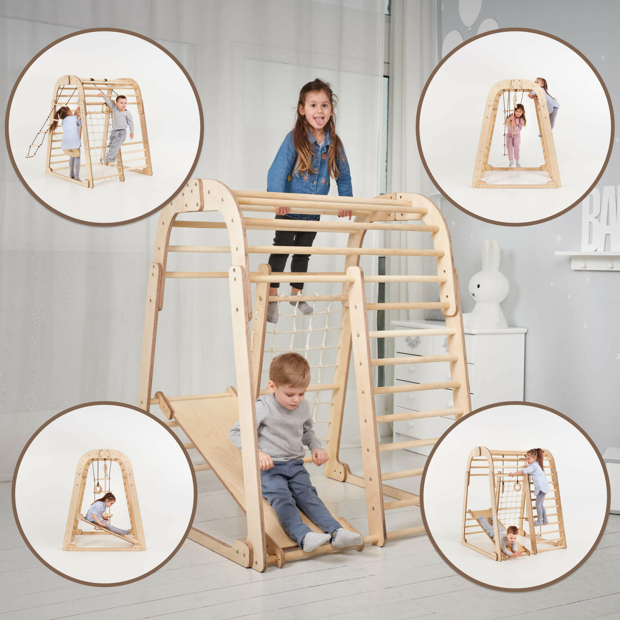 Indoor Wooden Playground for Children - 6in1 Playground + Swings Set + Slide Board Goodevas