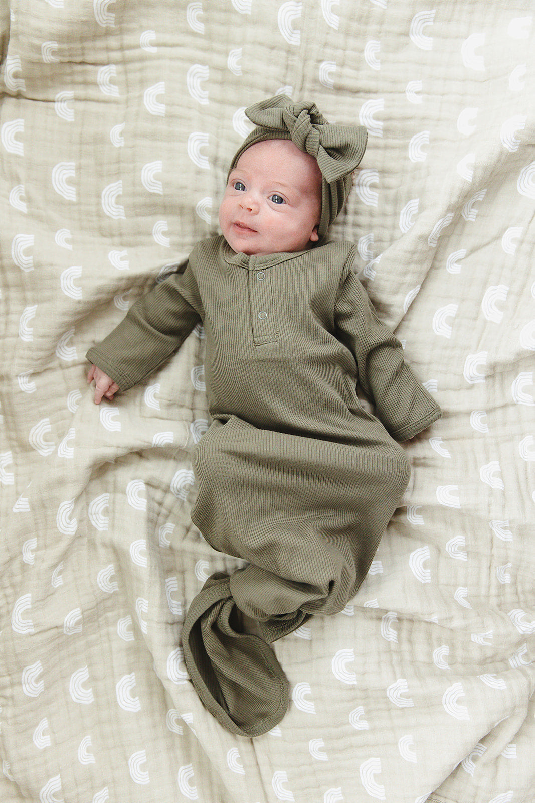 Winter Green Organic Cotton Ribbed Knot Gown  Mebie Baby   