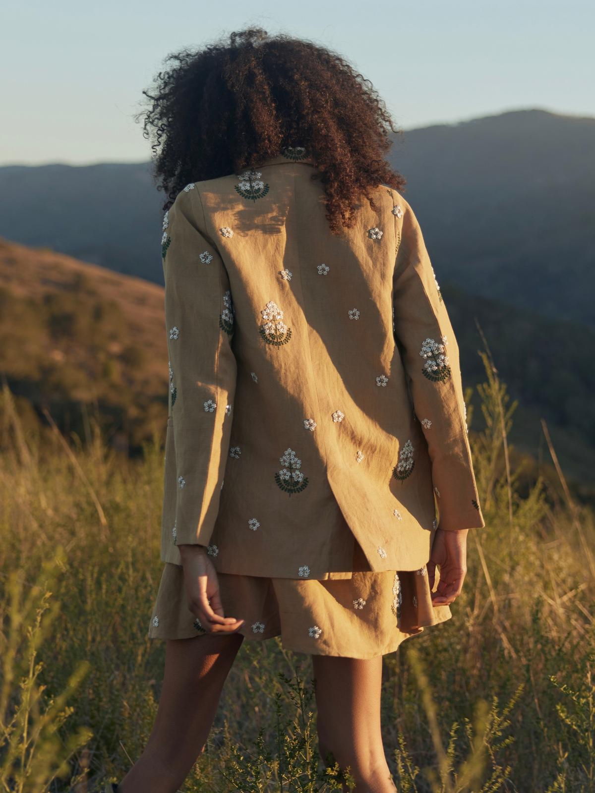Meadow Embroidered Beaded Blazer - Light Fawn & Ivory Floral Pearl Beading