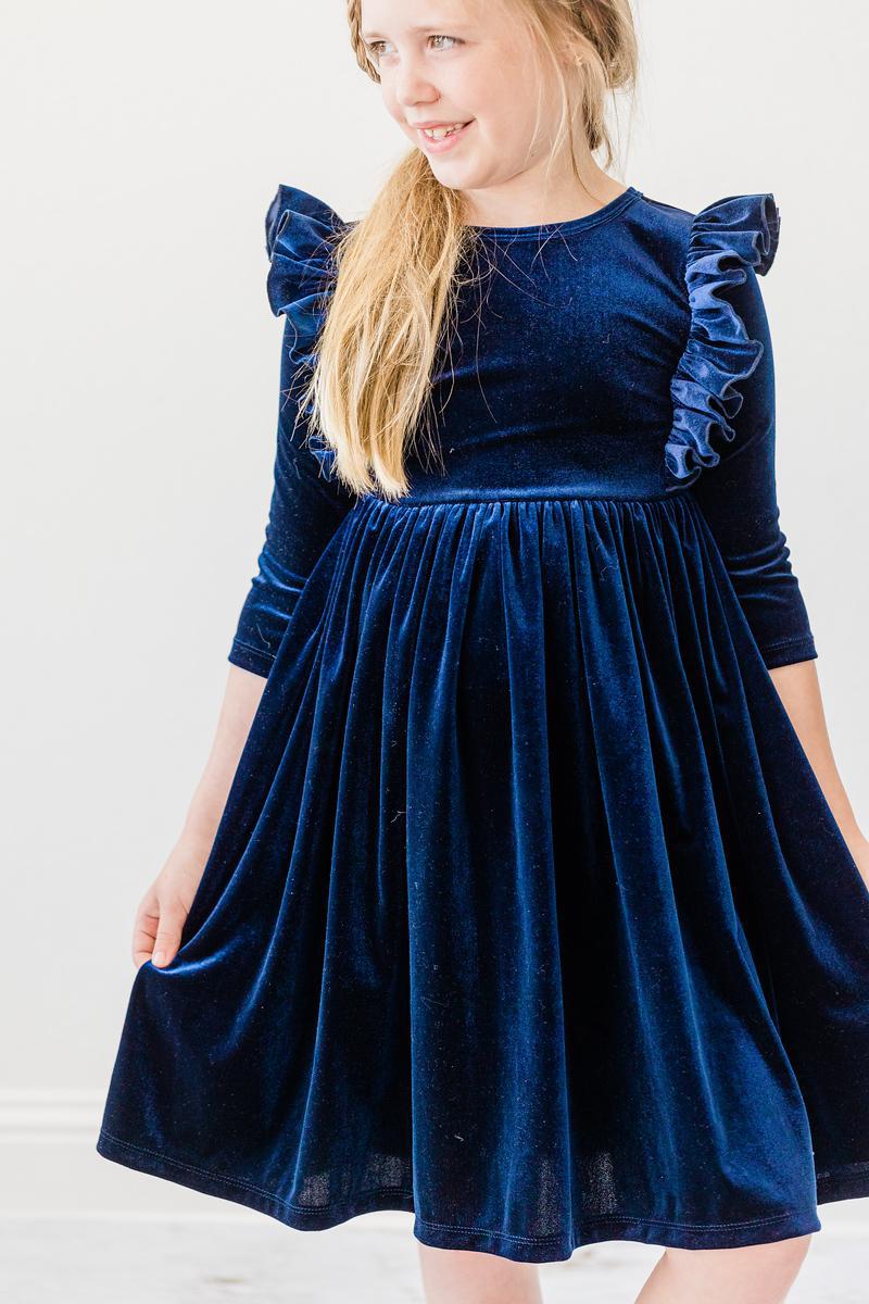 Navy Velvet Ruffle Twirl Dress