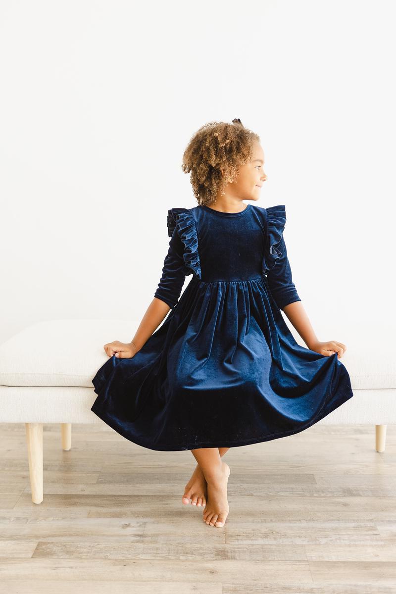 Navy Velvet Ruffle Twirl Dress