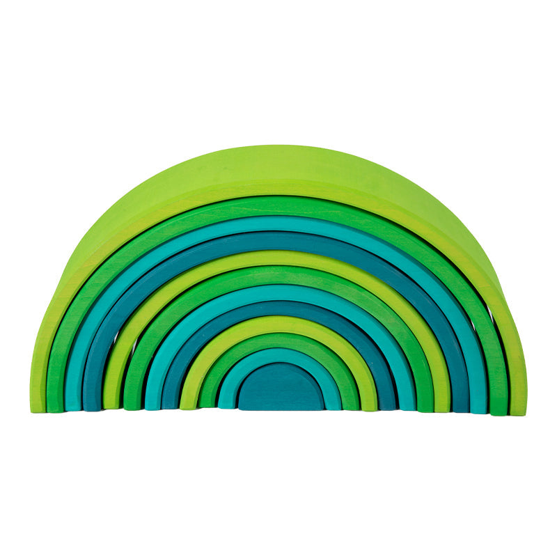 **Pre-order (Ships in 2-3 Weeks)**12-Piece Stained Large Basswood Rainbow Stacking Blocks | Meadow Green & Forest Green