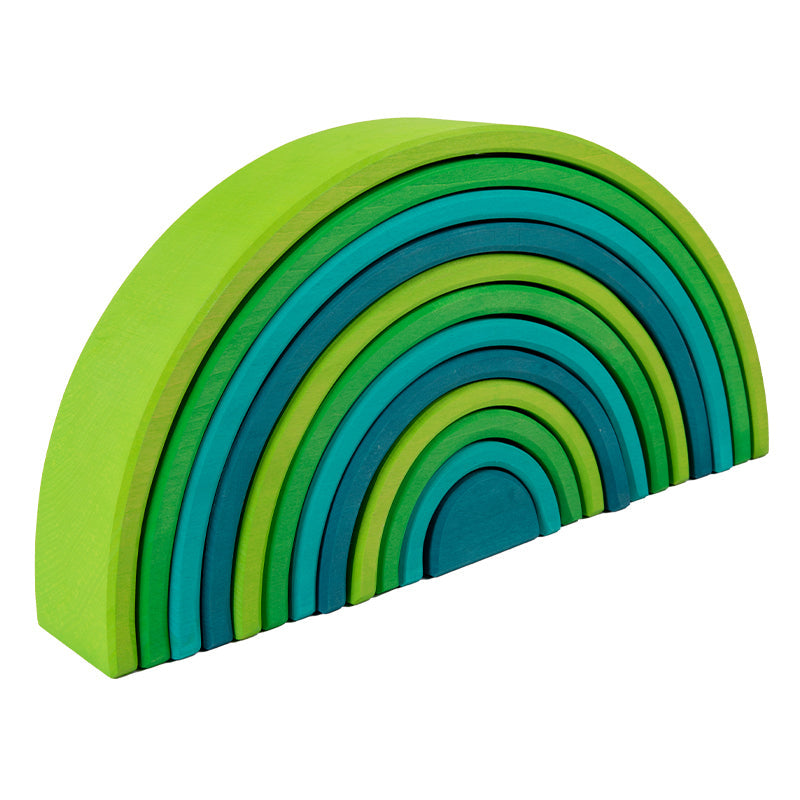 **Pre-order (Ships in 2-3 Weeks)**12-Piece Stained Large Basswood Rainbow Stacking Blocks | Meadow Green & Forest Green