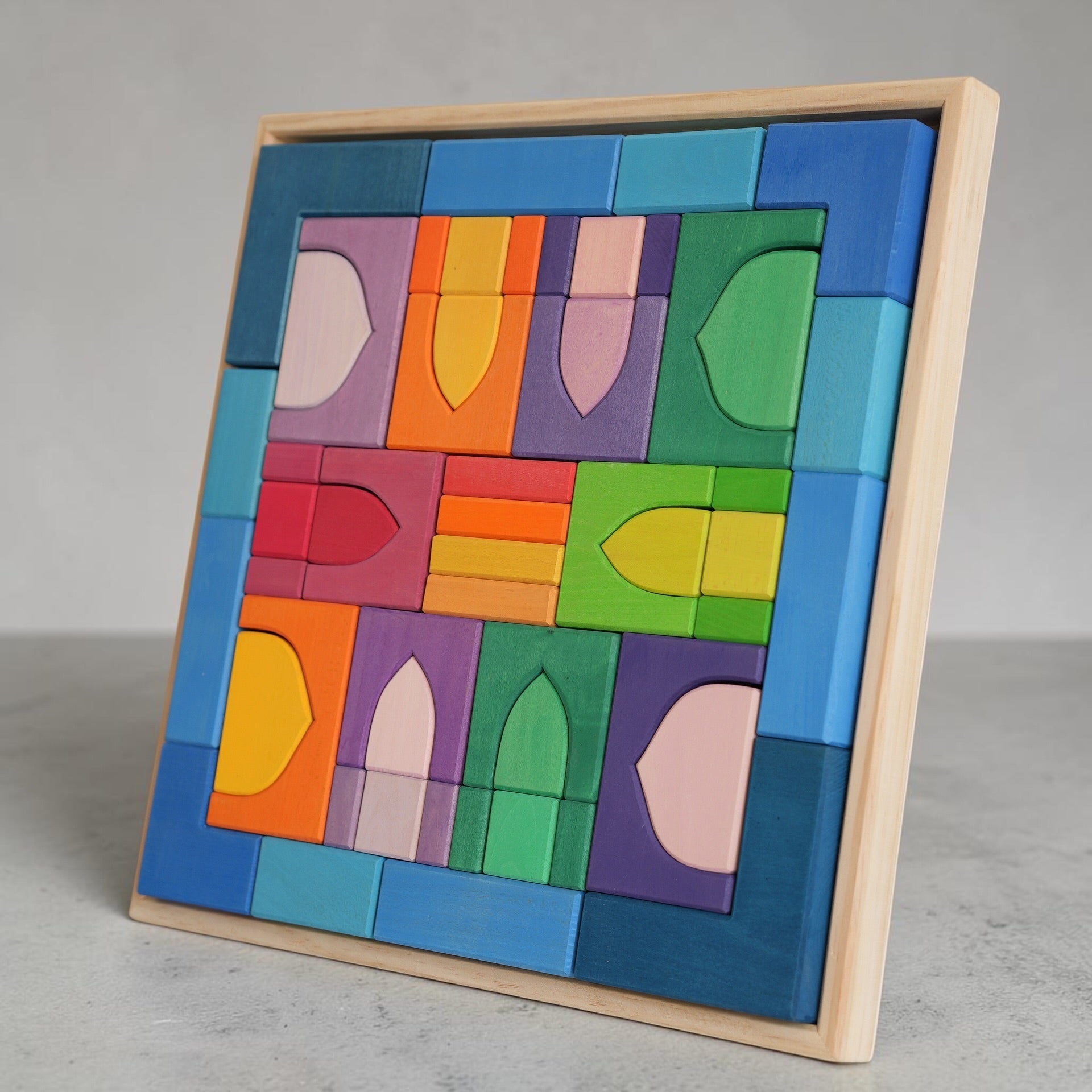 **Pre-order (Ships in 1-2 Weeks)**54 Pcs STAINED Arabian 1001 Nights Inspired Wooden Building Blocks Set with Tray