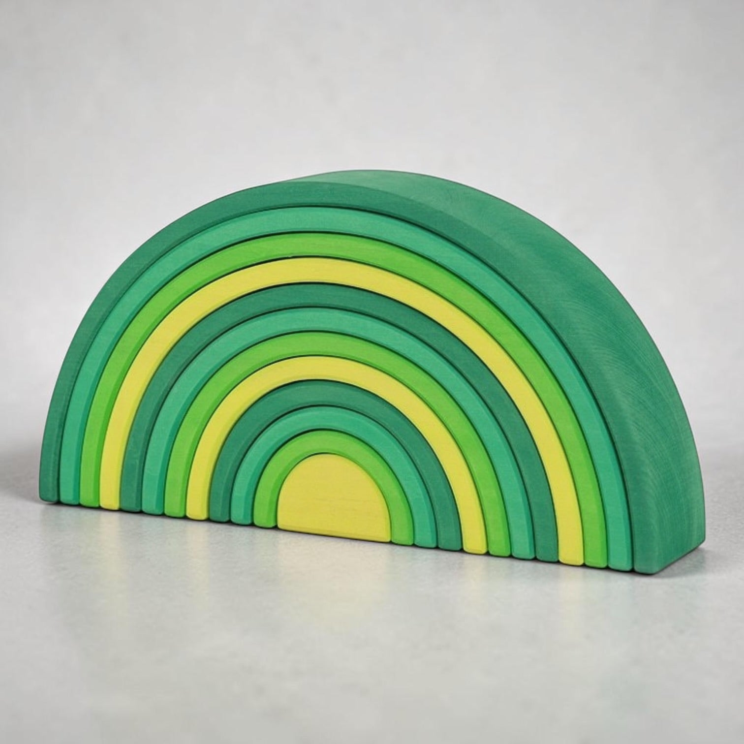 **Pre-order (Ships in 2-3 Weeks)**12-Piece Stained Large Basswood Rainbow Stacking Blocks | Meadow Green & Forest Green