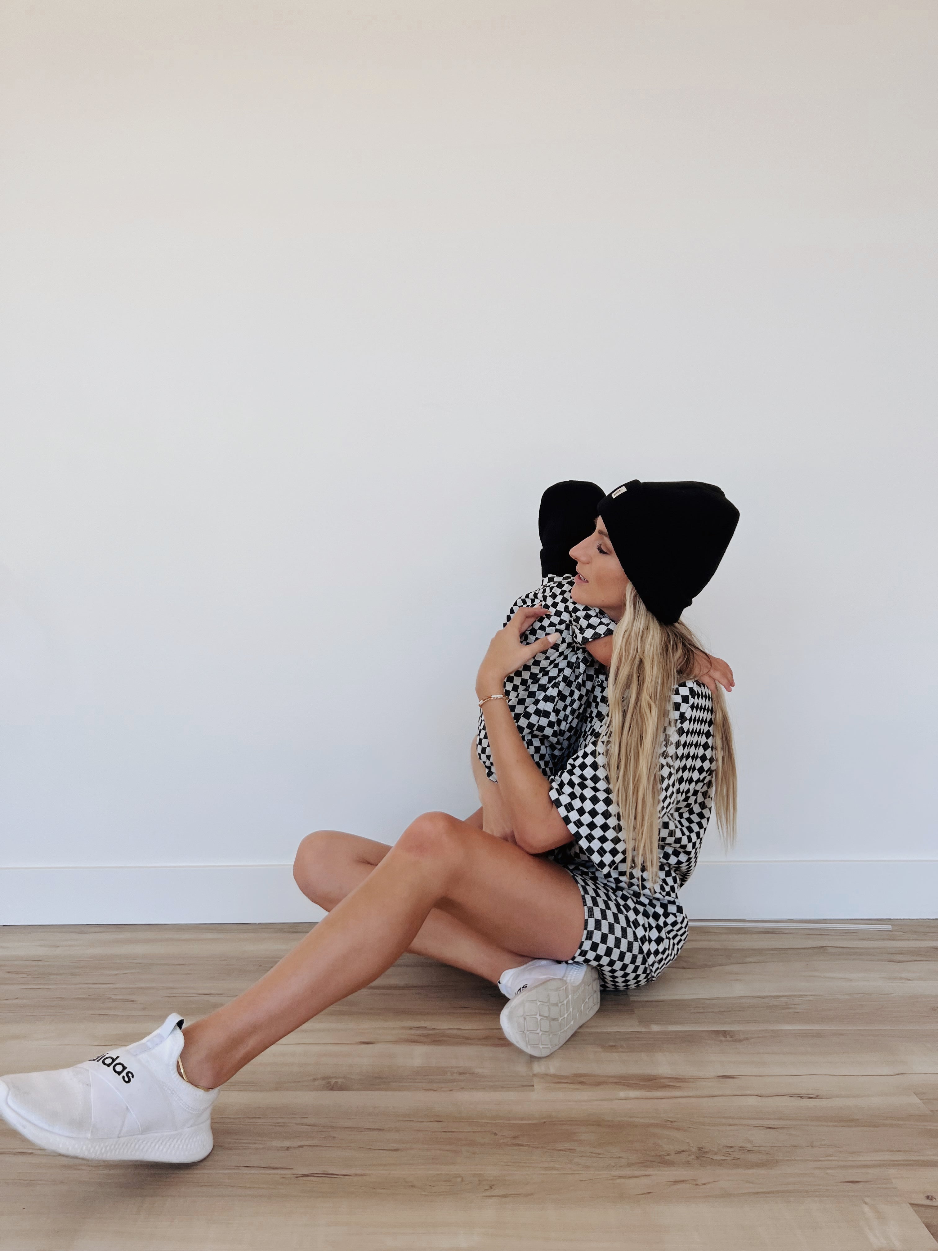 Short Sleeve Ribbed Romper | Black & Grey Checkerboard