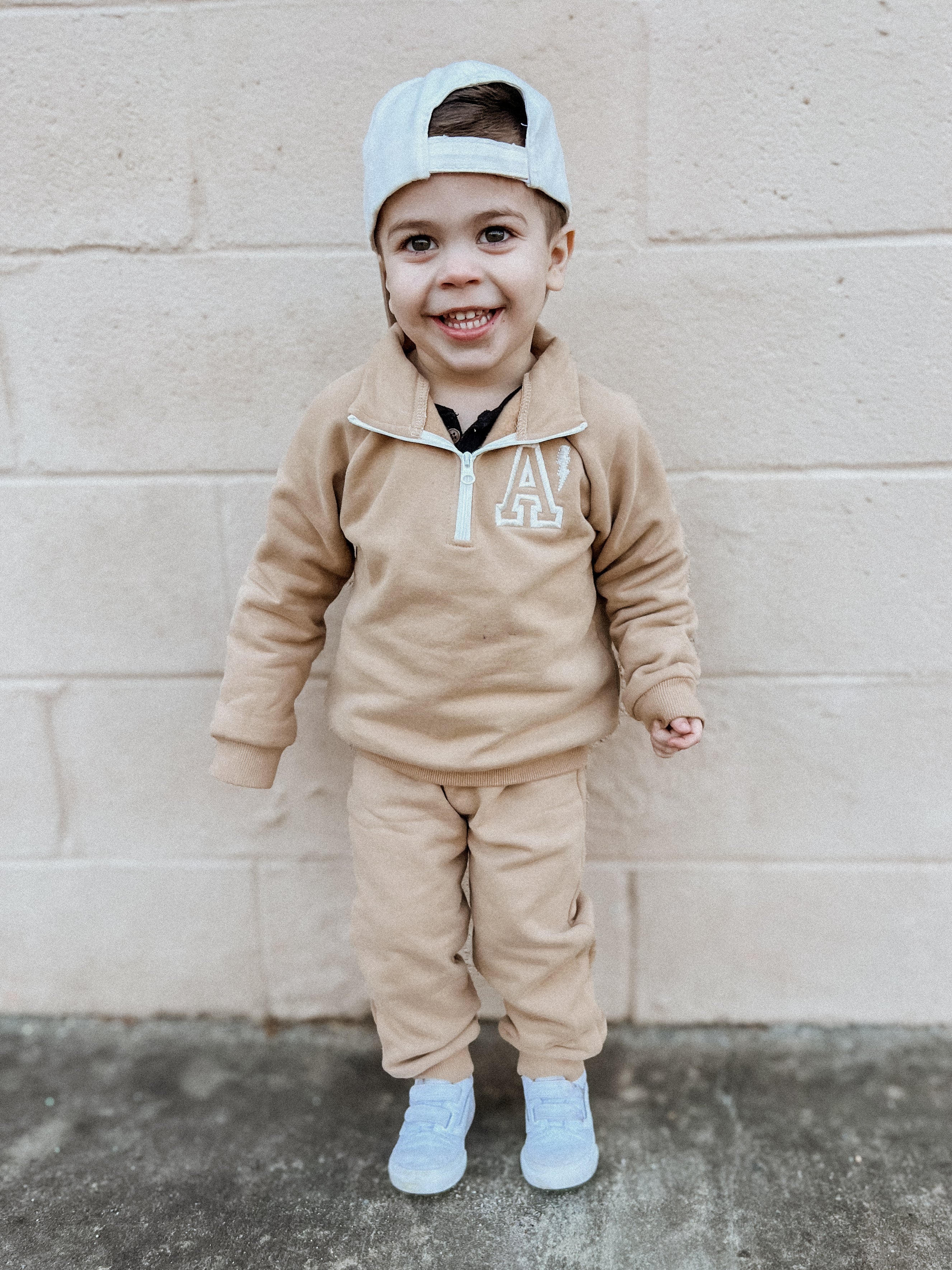 Custom Embroidered Organic Cotton Quarter Zip Set - Tan