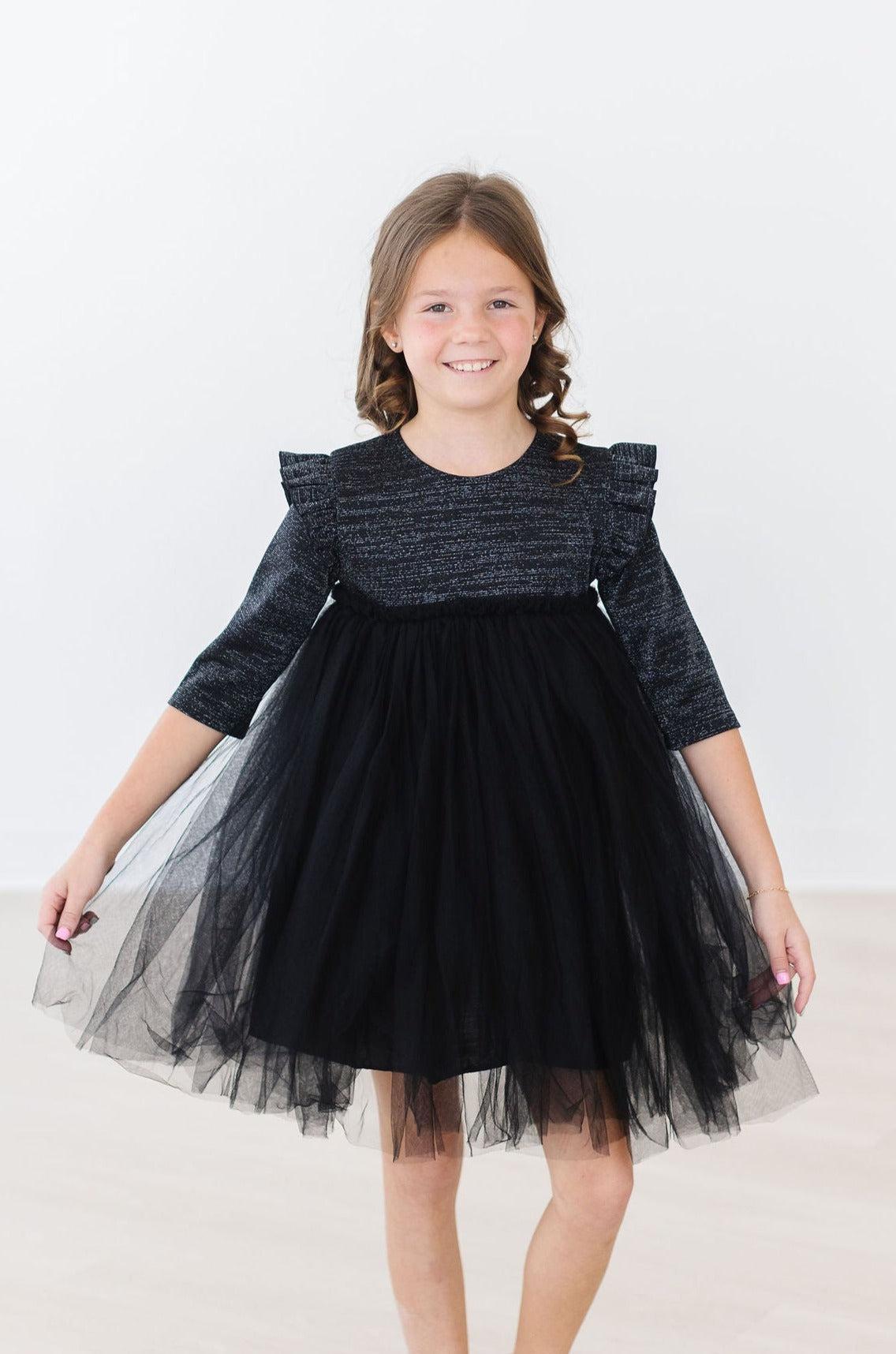 Black Shimmer 3/4 Sleeve Tutu Dress