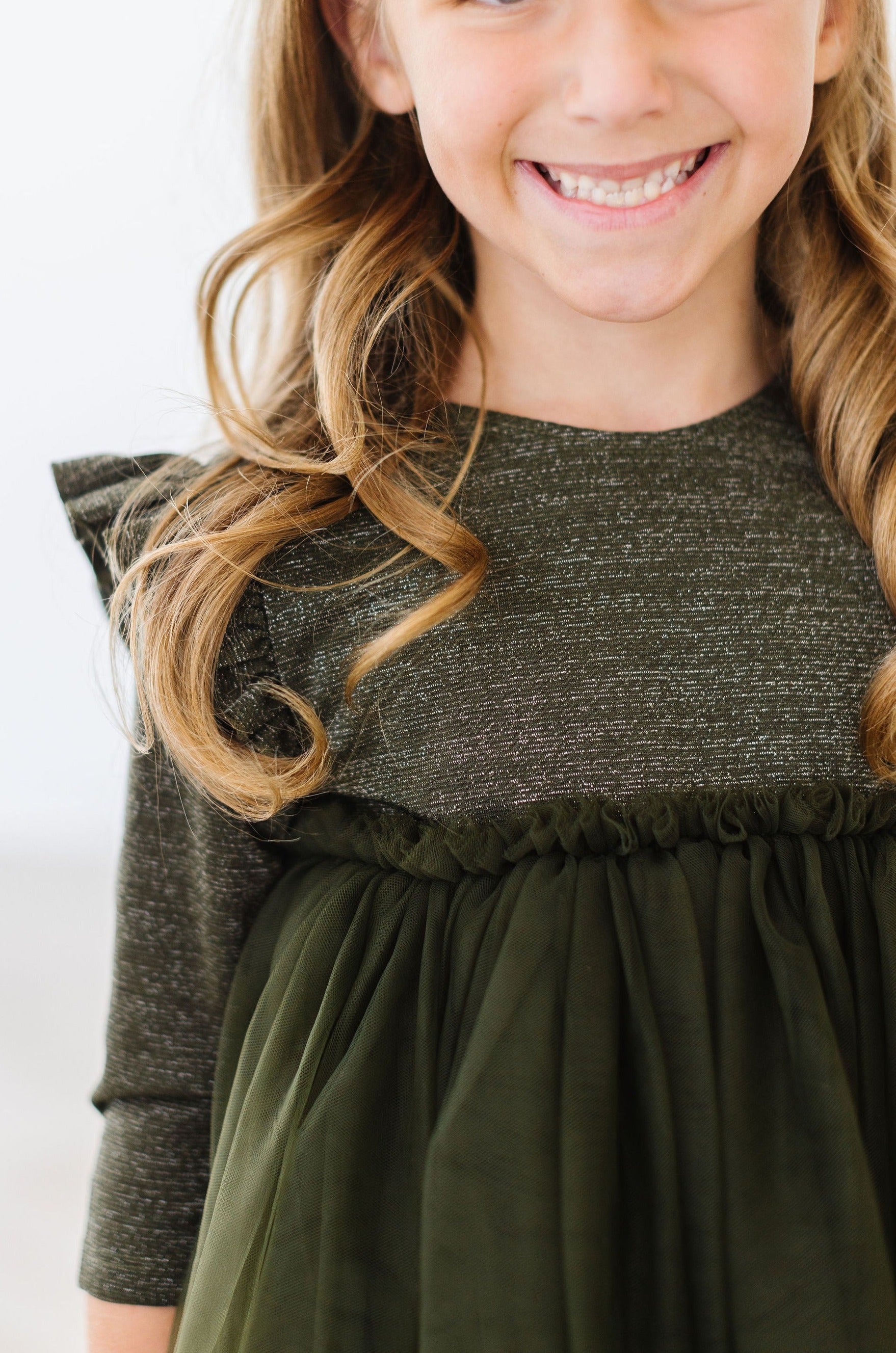 Olive Shimmer 3/4 Sleeve Tutu Dress