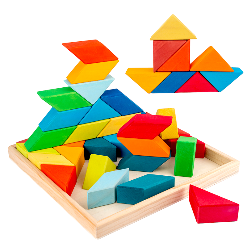 **Pre-order (Ships in 2-3 Weeks)**36-Piece Stained Large Rainbow Square Geometric Puzzle Block Set with Storage Tray