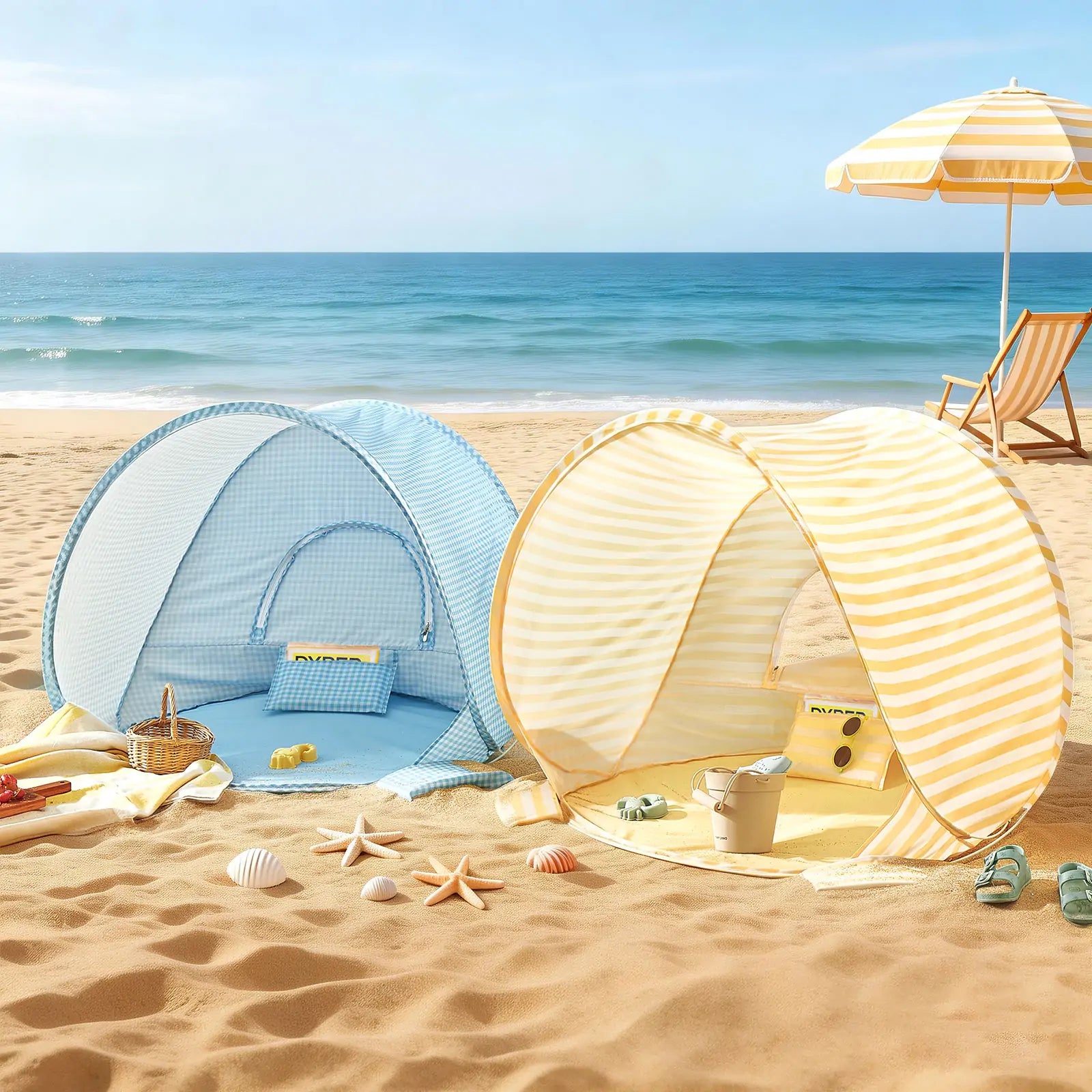Tiny Land® One-Stop Beach Toy & Tent Set – Light Blue Gingham