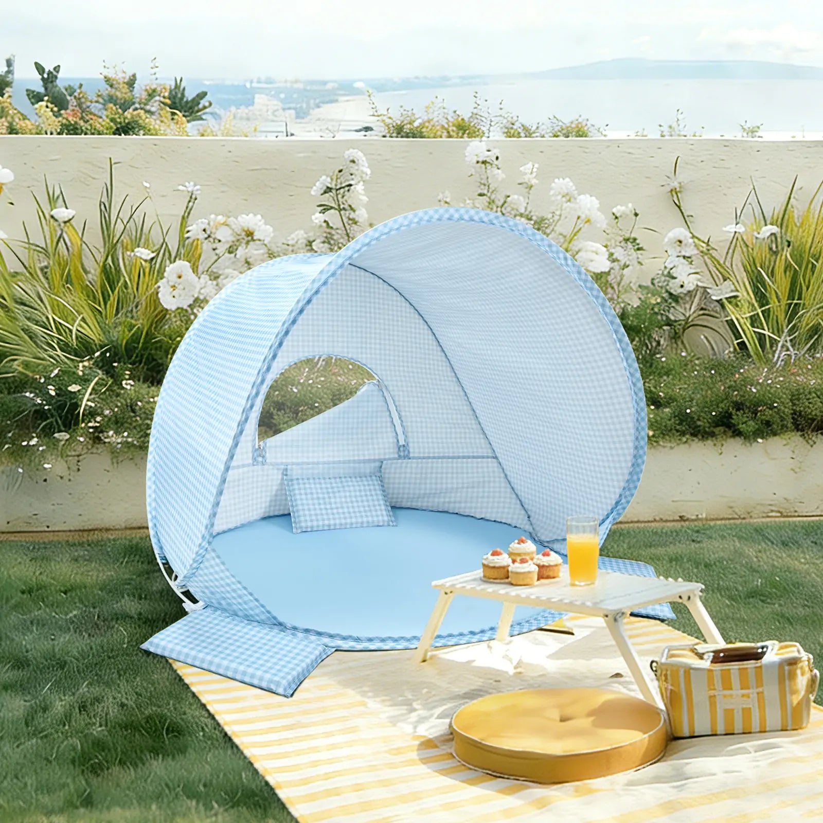 Tiny Land® One-Stop Beach Toy & Tent Set – Light Blue Gingham