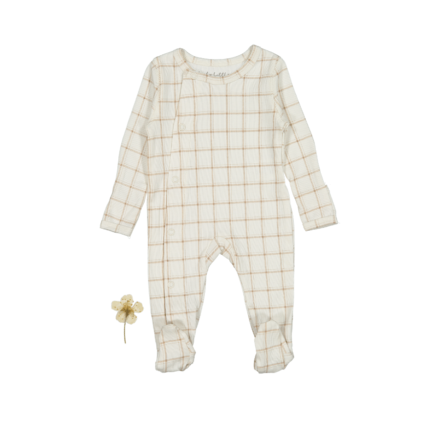 The Printed Snap Romper - Tan Grid Front Snap Romper Lovely Littles   