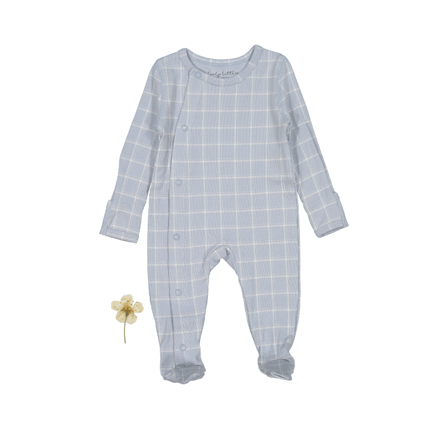 The Printed Snap Romper - Blue Grid Front Snap Romper Lovely Littles   