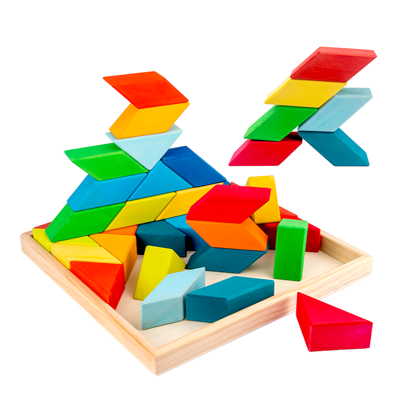 **Pre-order (Ships in 2-3 Weeks)**36-Piece Stained Large Rainbow Square Geometric Puzzle Block Set with Storage Tray