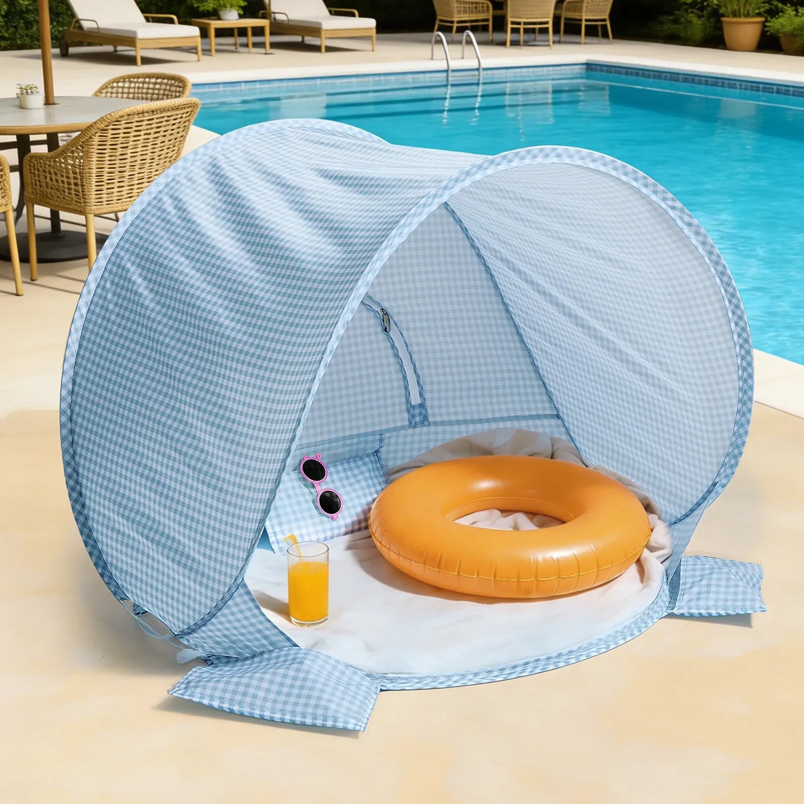 Tiny Land® One-Stop Beach Toy & Tent Set – Light Blue Gingham