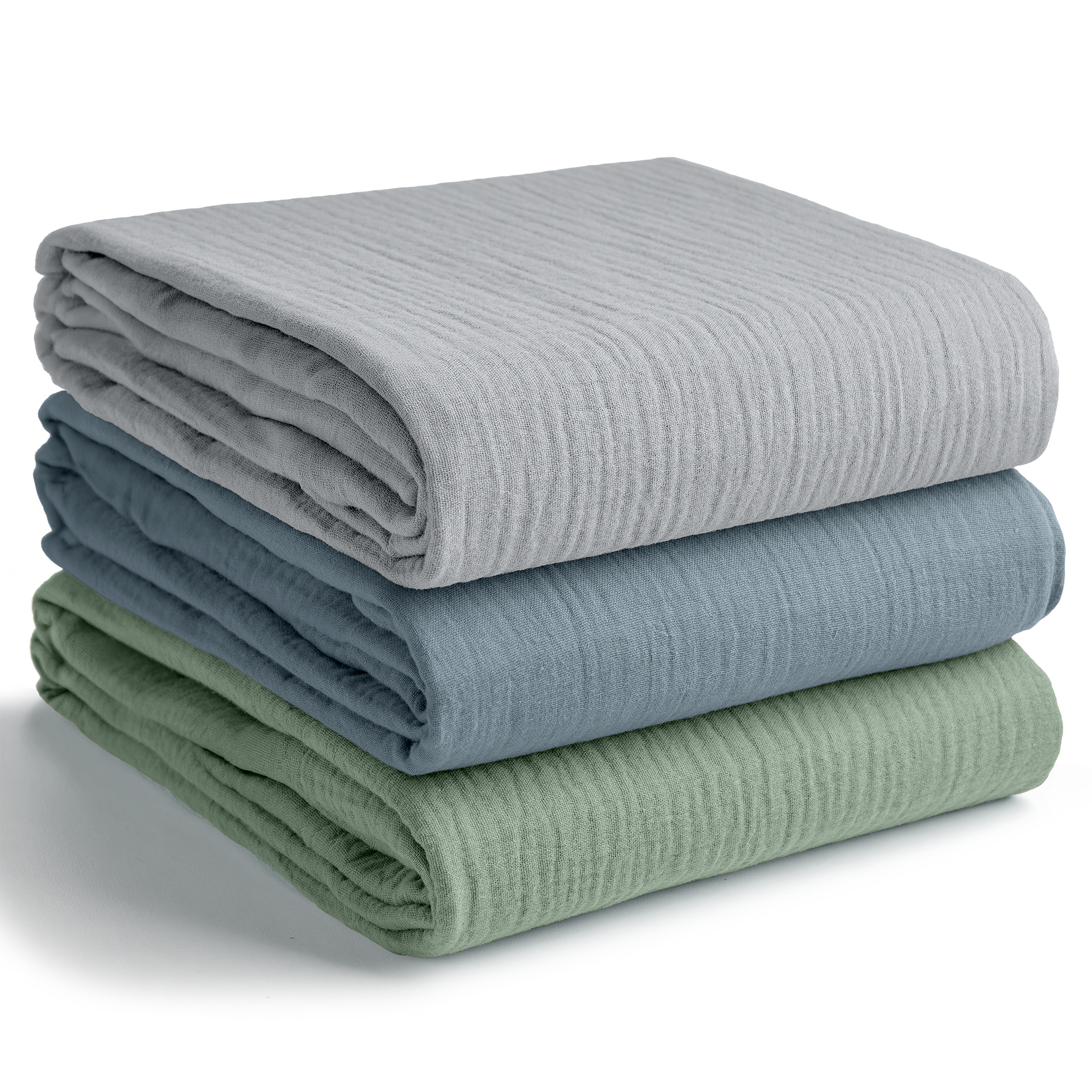 Muslin Swaddle Blankets, 42” x 42” (Heather Blue, Pacific Blue, Fern, Pack of 3)