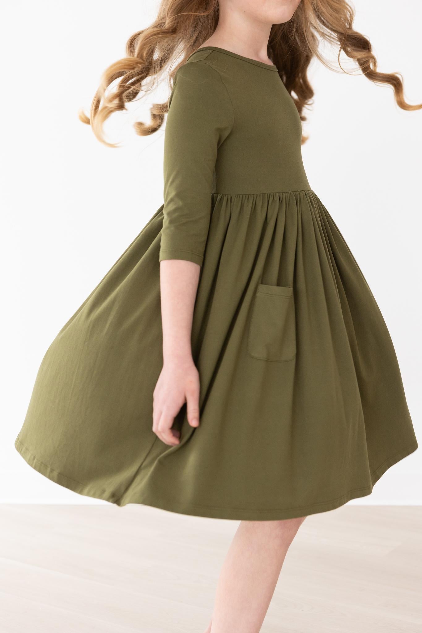 Olive 3/4 Sleeve Pocket Twirl Dress