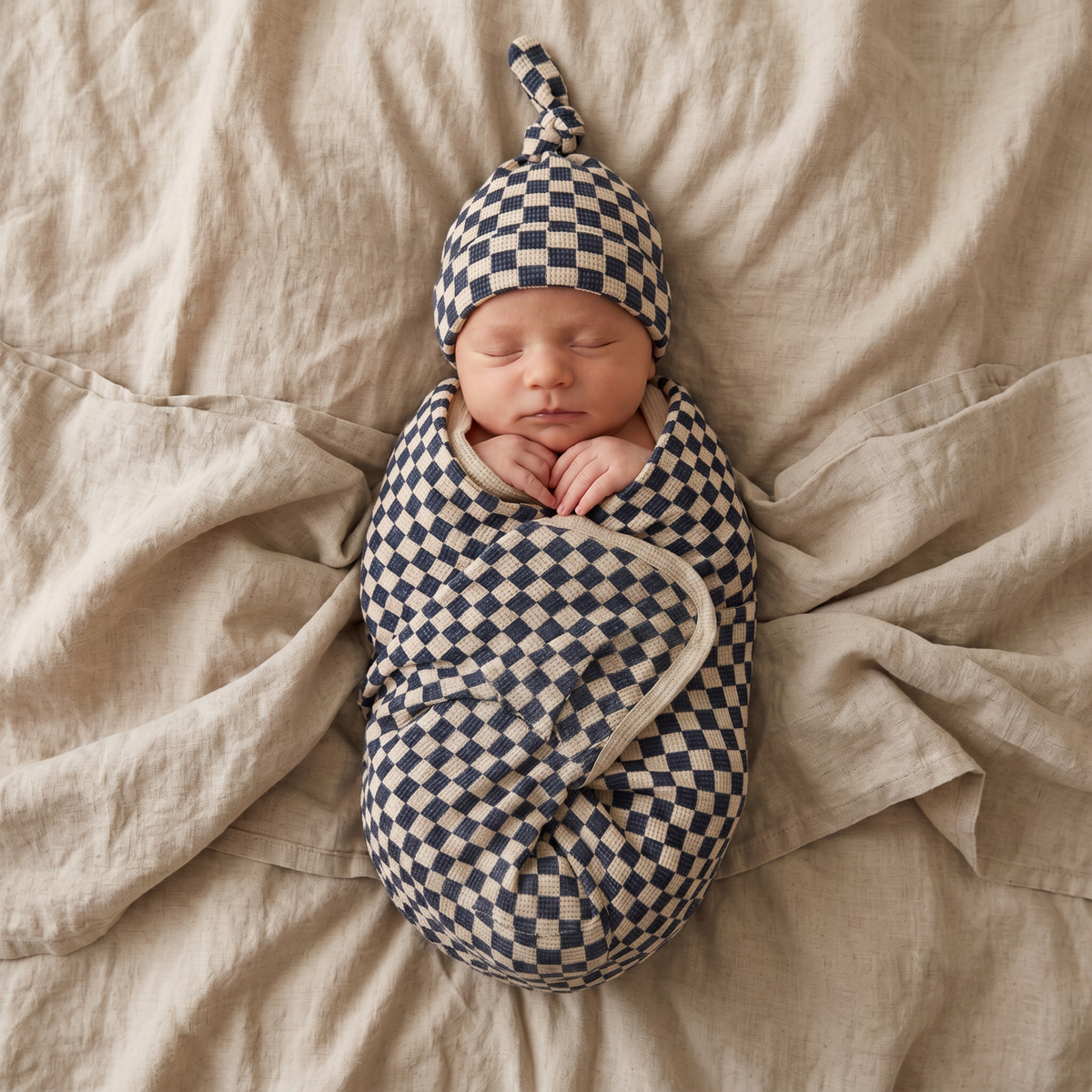 Organic Swaddle Blanket & Hat Set - Midnight Check
