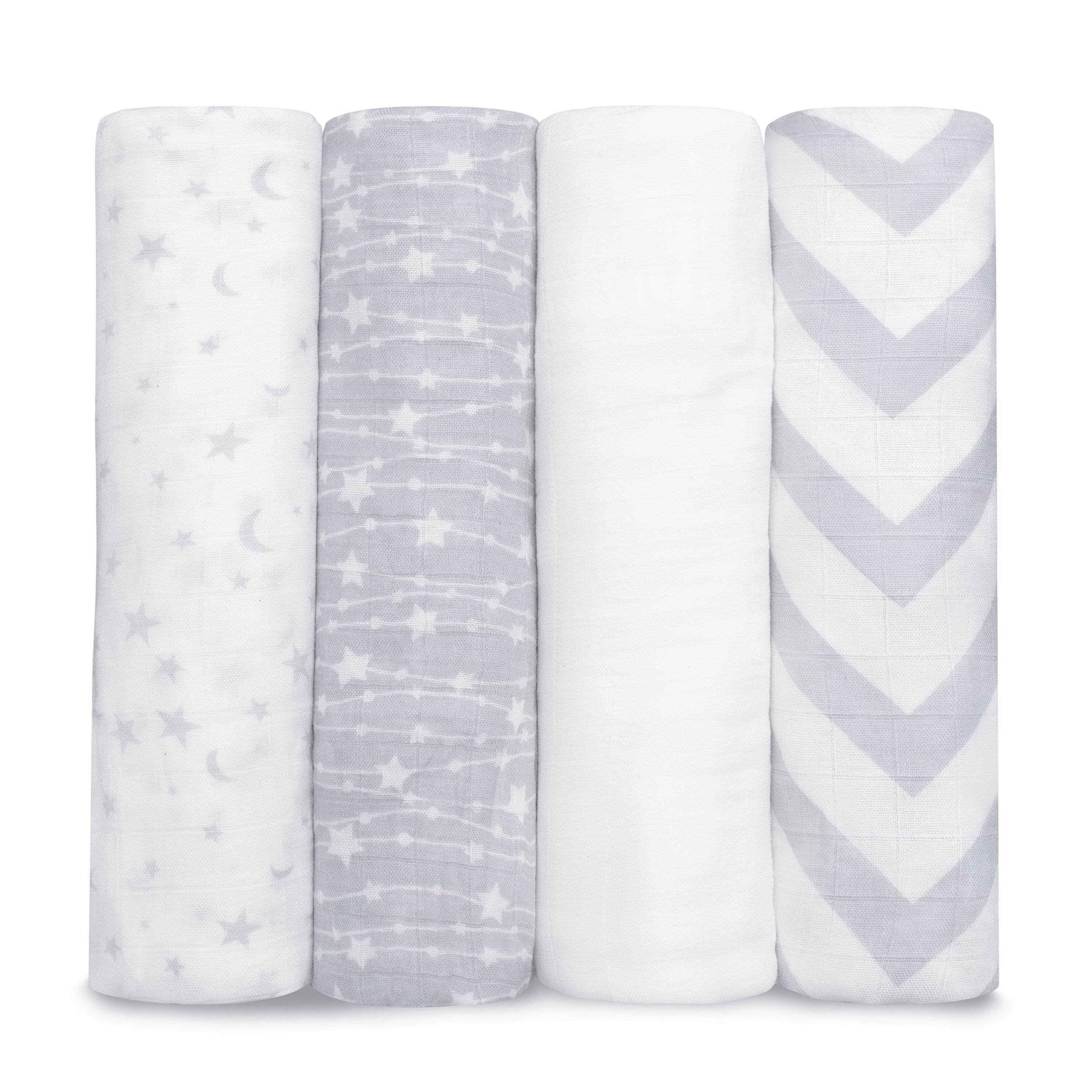 Muslin Swaddle Blankets, 4 Pack by Comfy Cubs - Grey