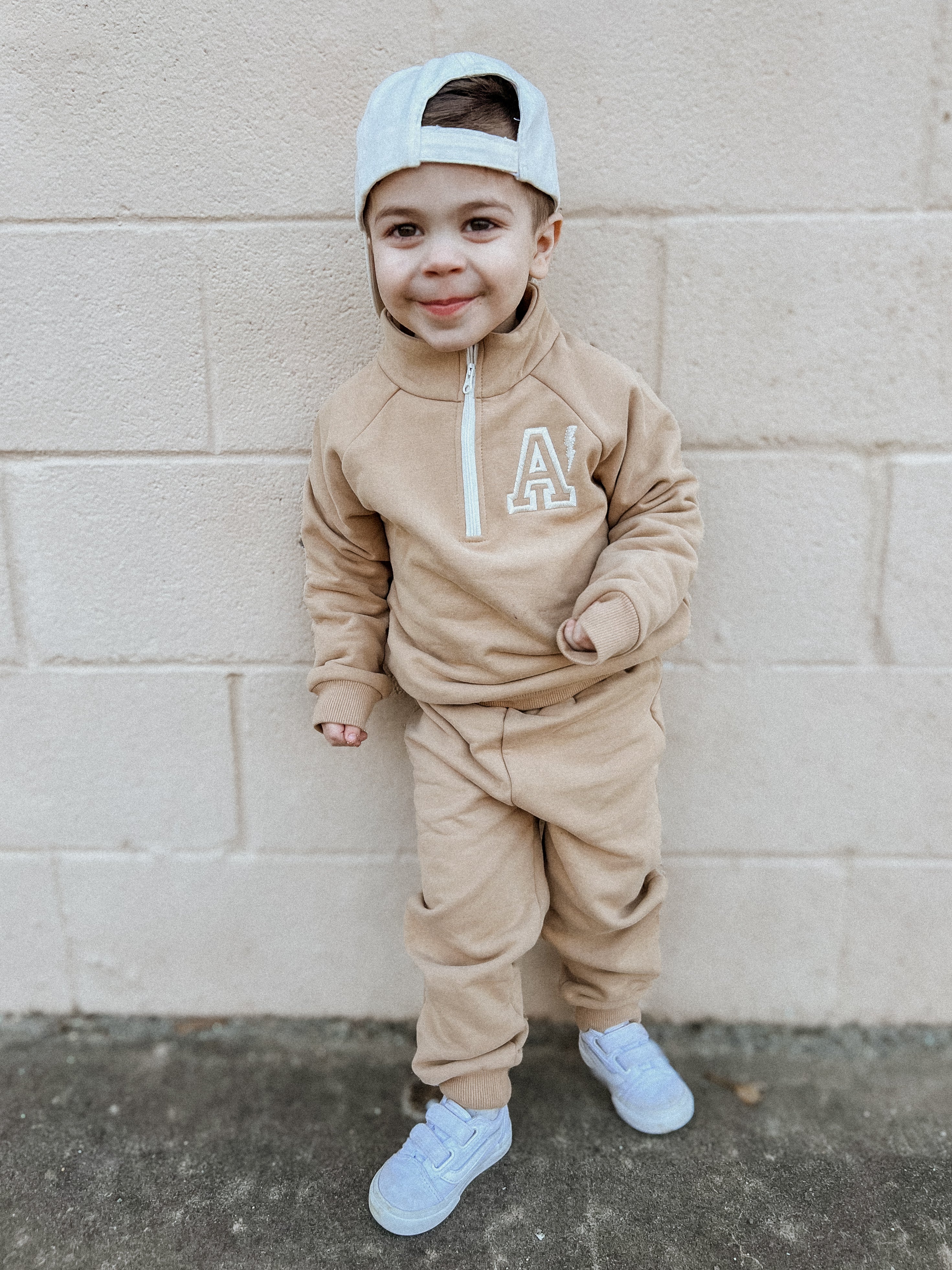Custom Embroidered Organic Cotton Quarter Zip Set - Tan