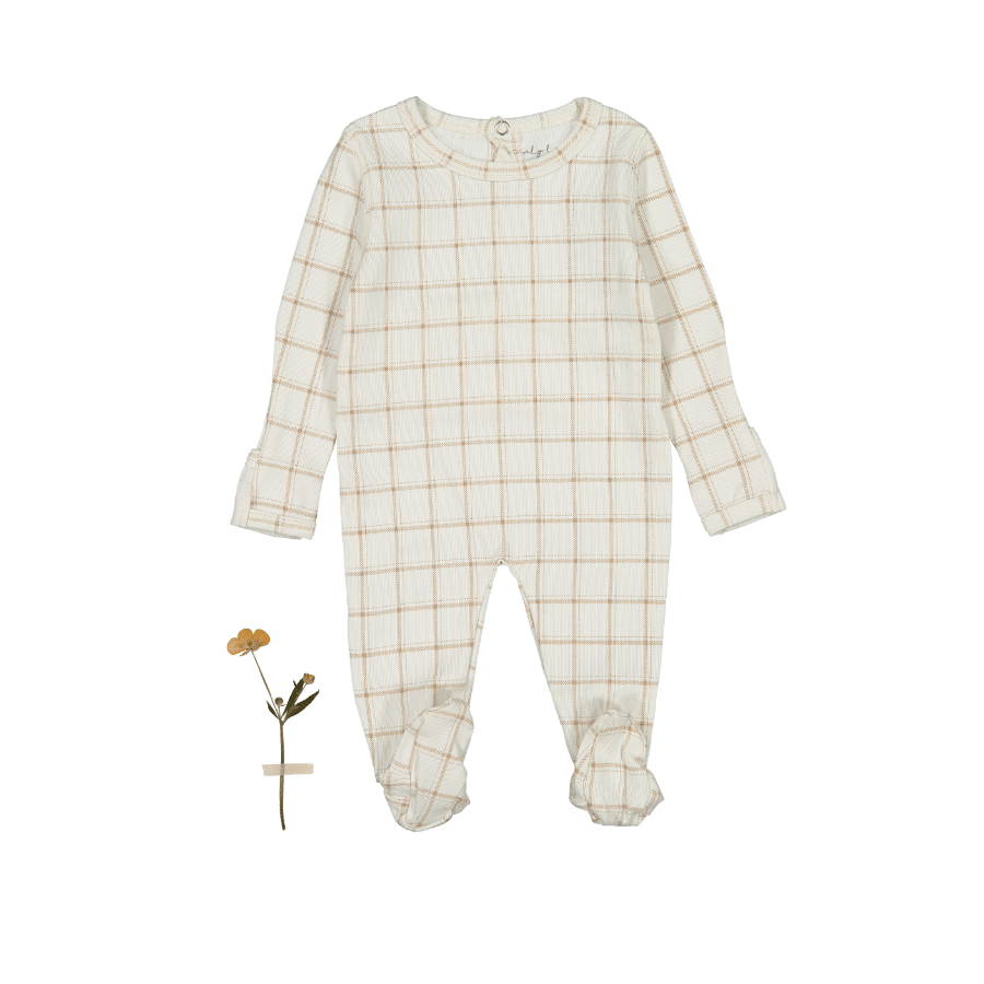 The Printed Romper - Tan Grid Back Snap Romper Lovely Littles   