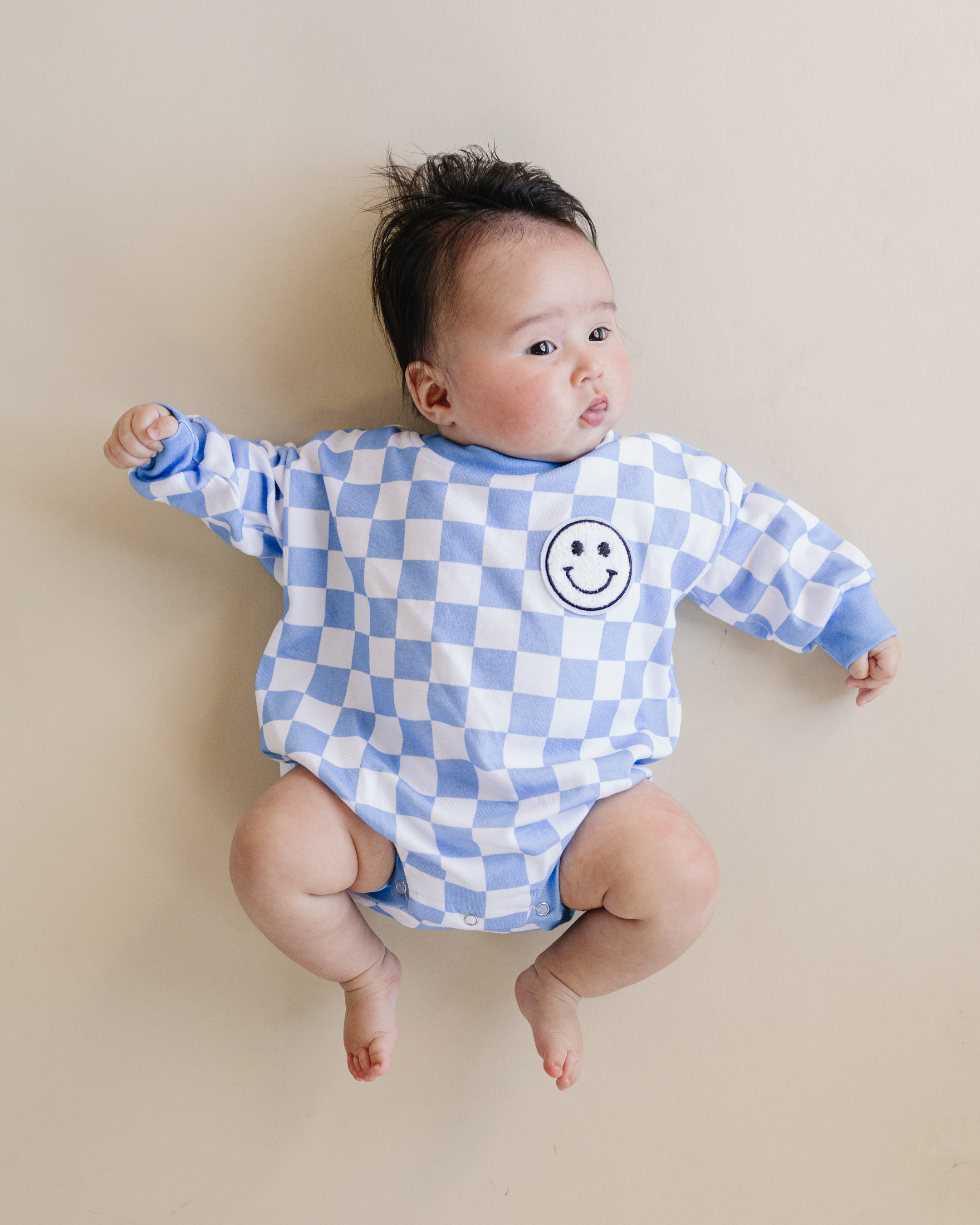 Bubble Romper | Checkered Smiley Blue