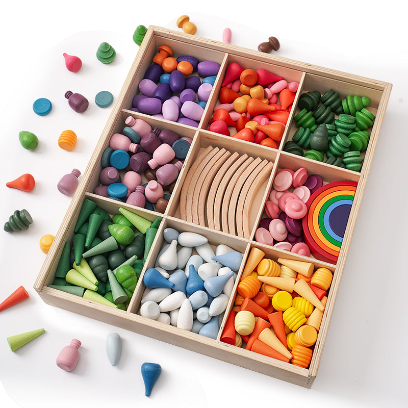 **Pre-order (Ships in 2-3 Weeks)**NEW 252-Piece Mandala Loose Parts Play Set with Mini Rainbow & Natural Wooden Blocks