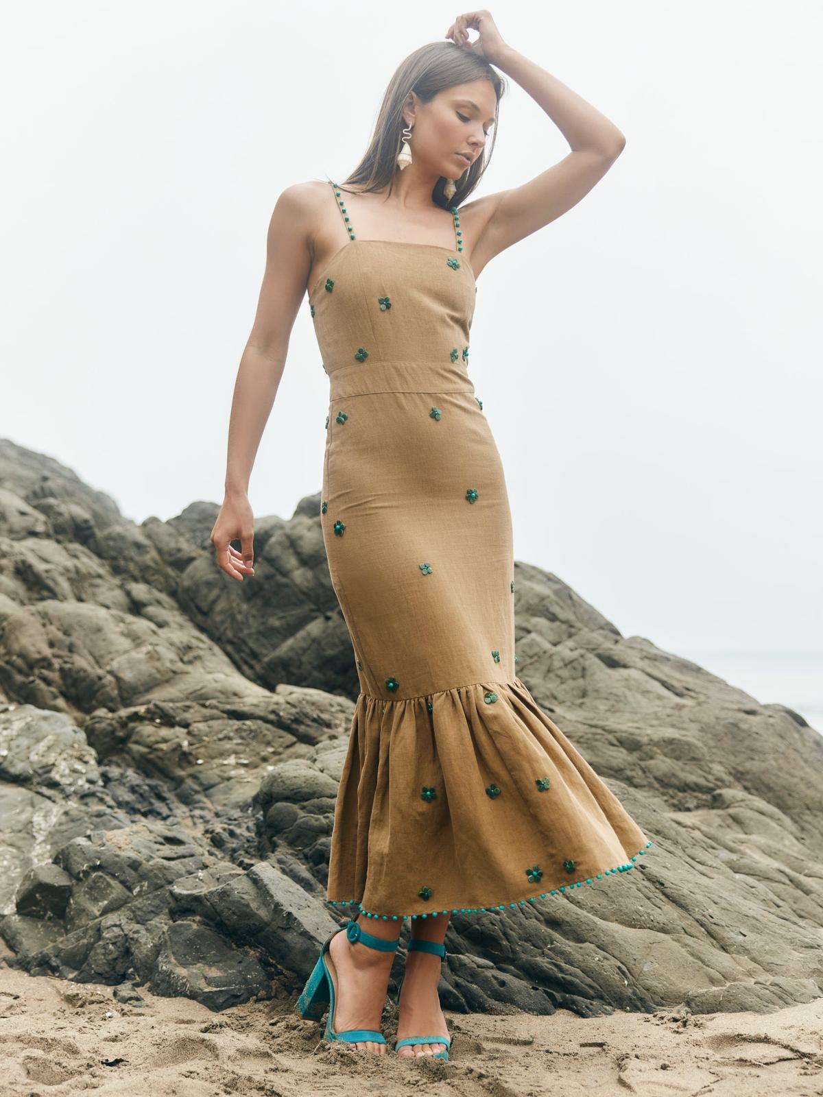 Desirae Midi Dress - Light Fawn & Emeralds
