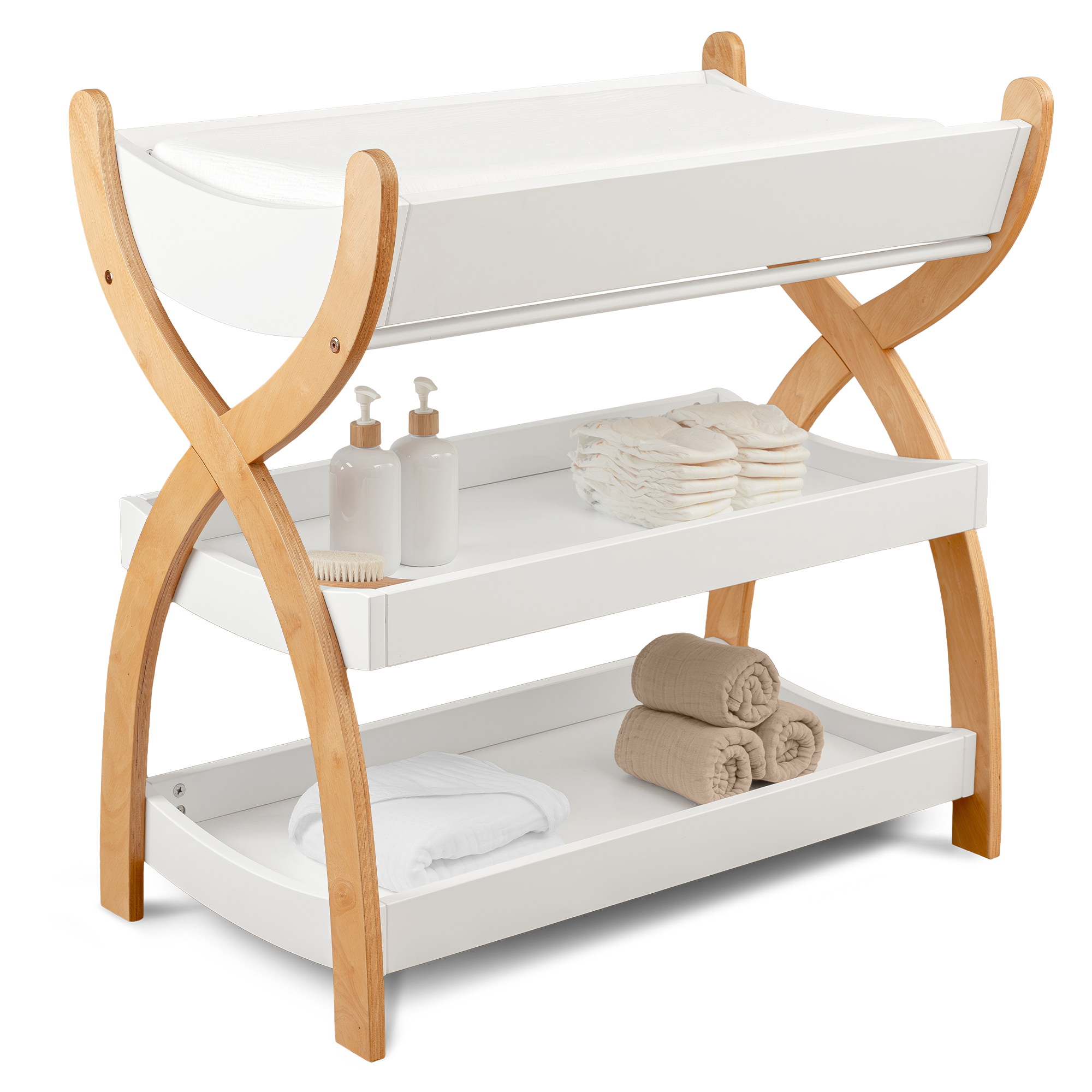 Baby Changing Table by Comfy Cubs - White With Natural Wood Legs