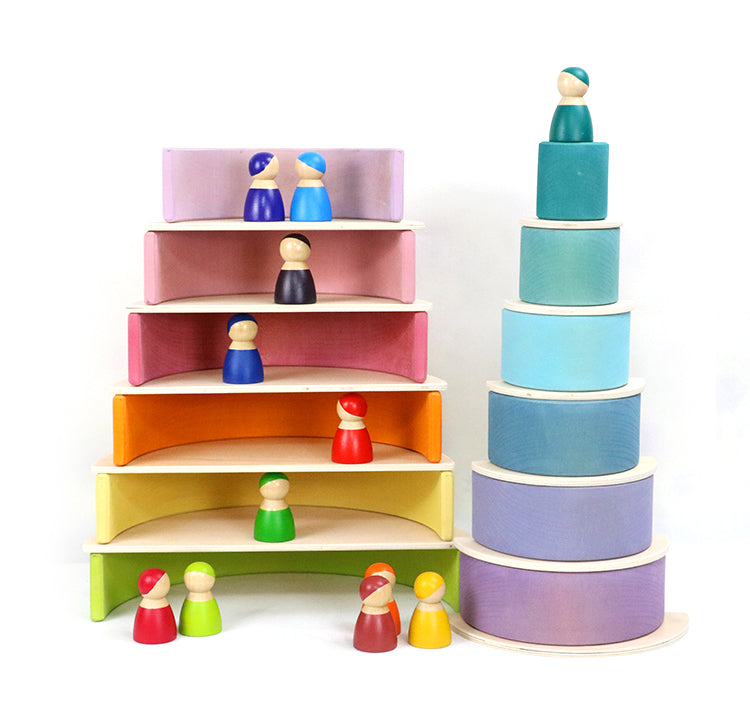 **Pre-order (Ships in 1-2 Weeks)**12-Piece Large Wooden Rainbow Stacking Blocks – Pastel / Macaron Colors