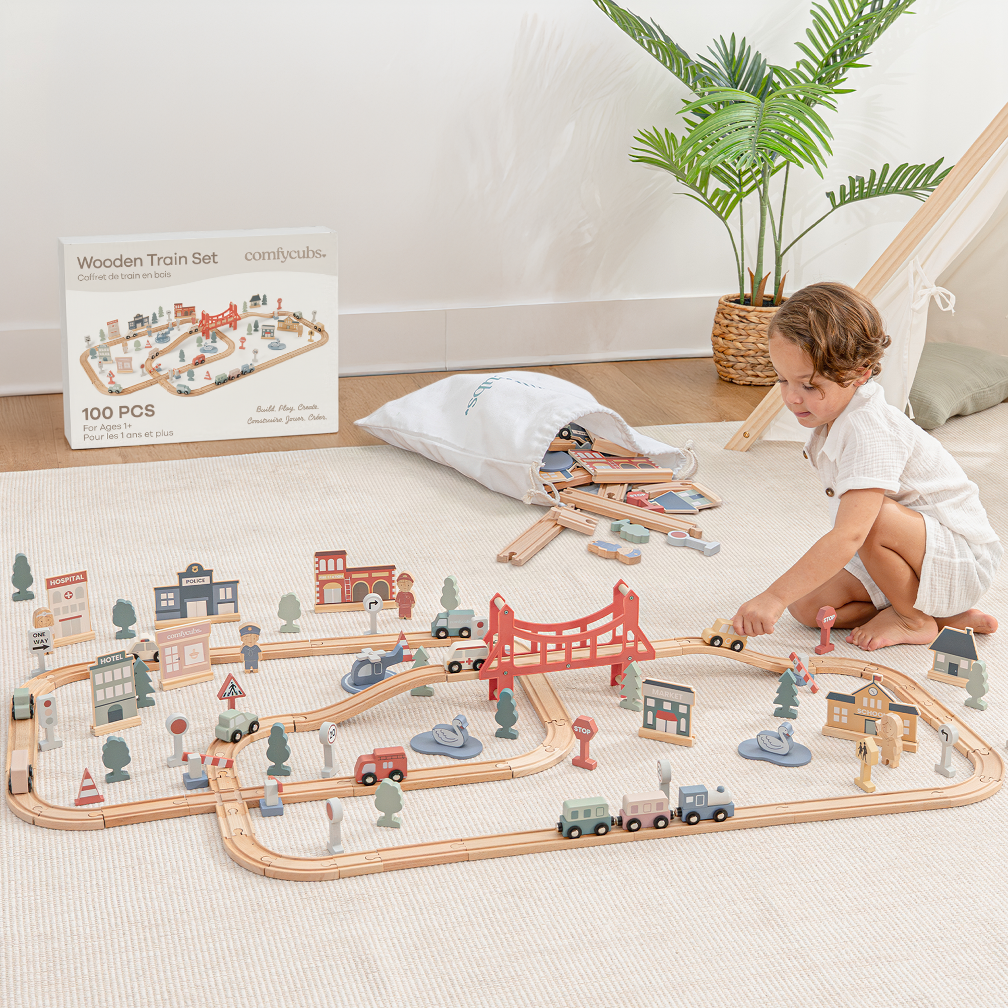 100-Piece Wooden Train Set for Toddlers Ages 1+