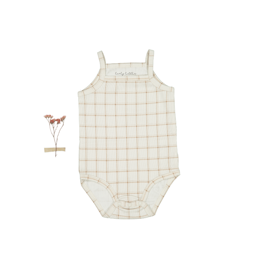 The Printed Tank Onesie - Tan Grid Tank Onesie Lovely Littles   