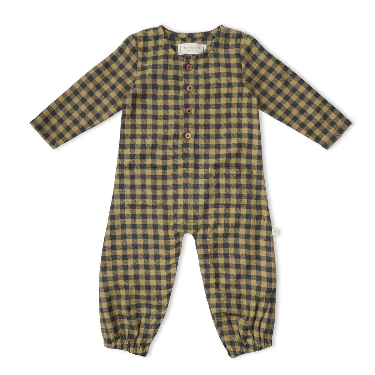 Organic Long Sleeve Button Romper - Olive Gingham