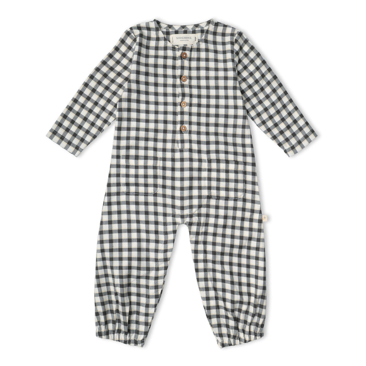 Organic Long Sleeve Button Romper - Charcoal Plaid