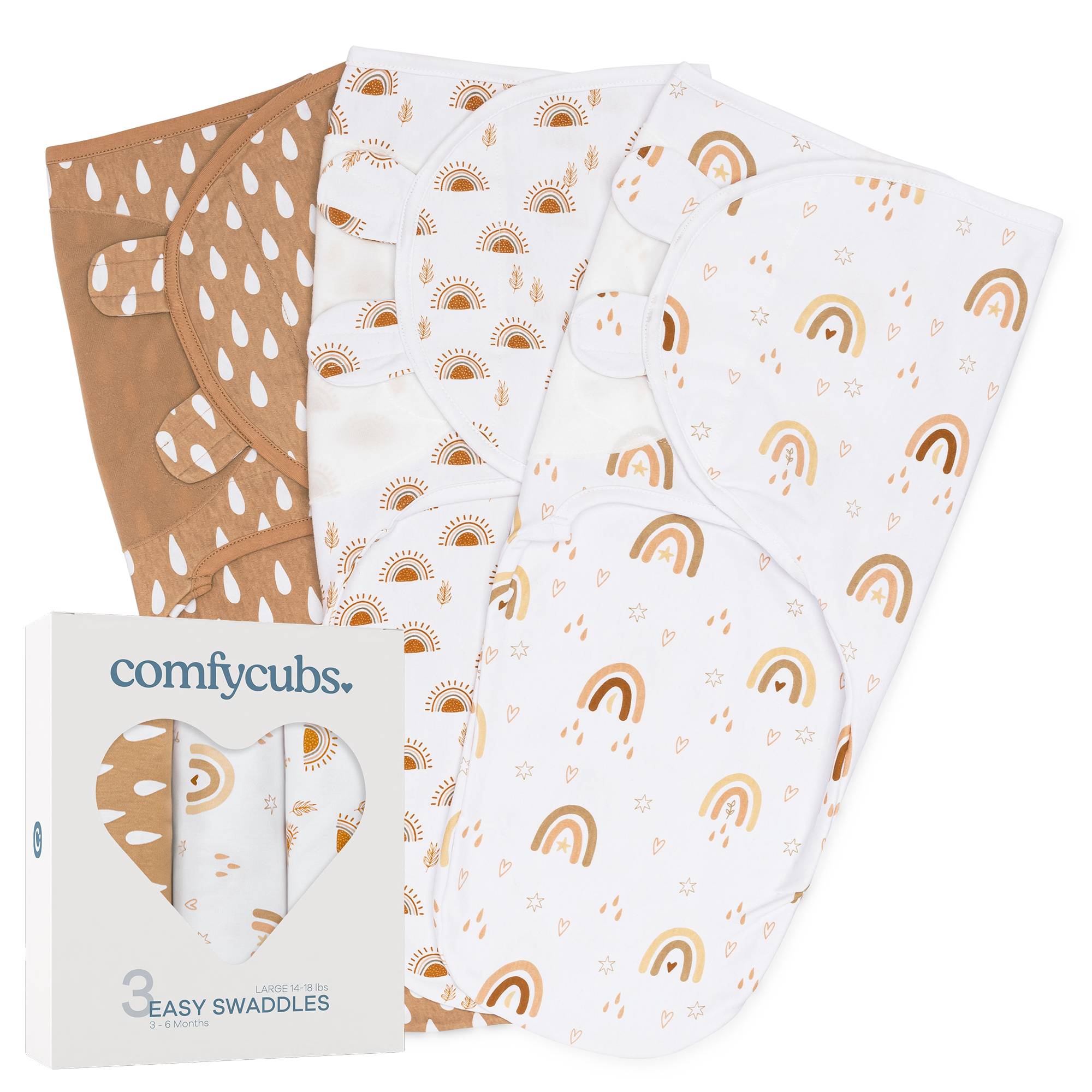 Easy Swaddle Blankets by Comfy Cubs - Rainbow Bohemian, Pack of 3