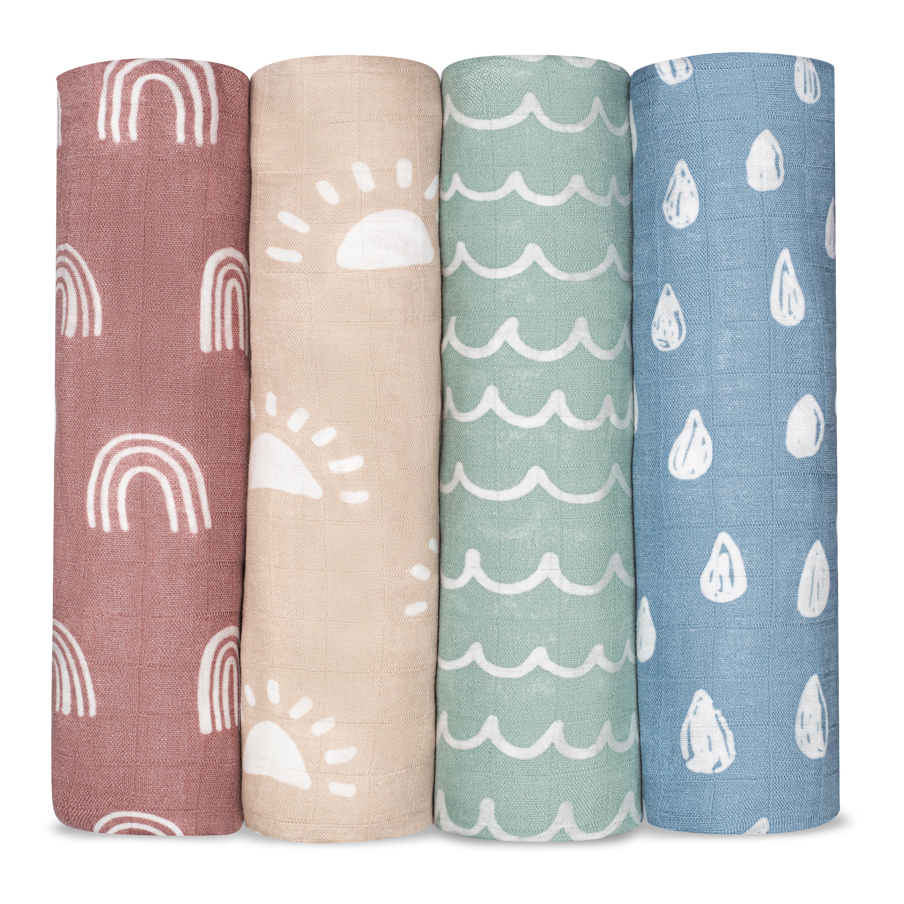 Muslin Swaddle Blankets, 4 Pack by Comfy Cubs - Sun, Rainbow, Rain & Doodle