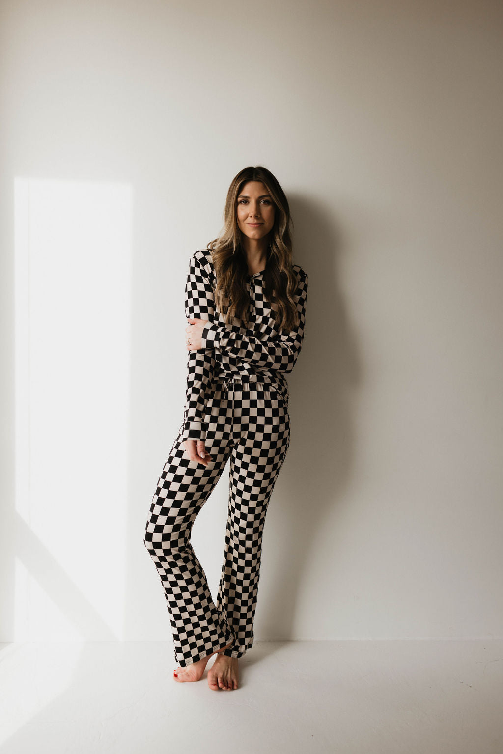 Women's Long Sleeve Bamboo Pajama | Black Checkerboard