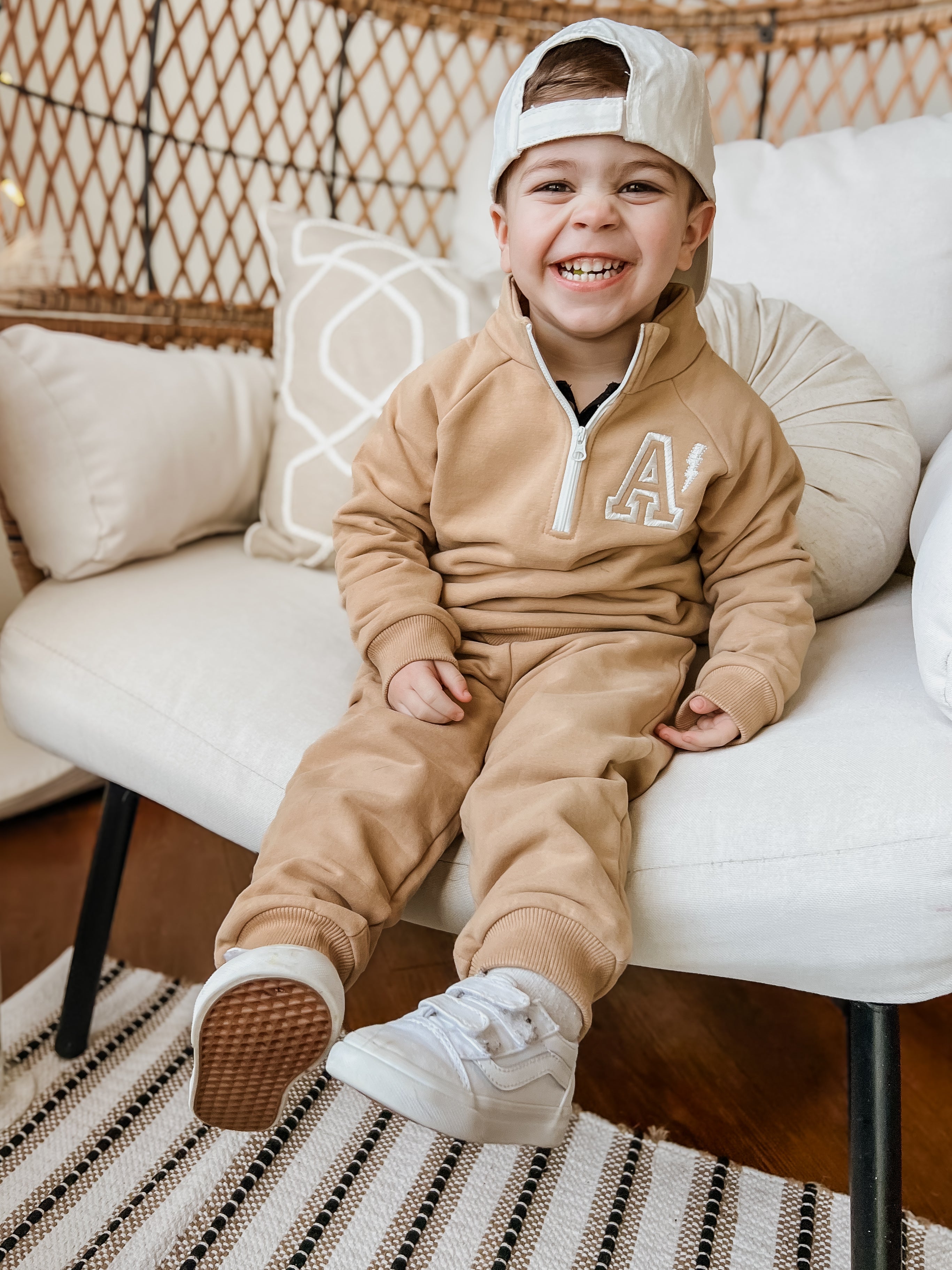 Custom Embroidered Organic Cotton Quarter Zip Set - Tan