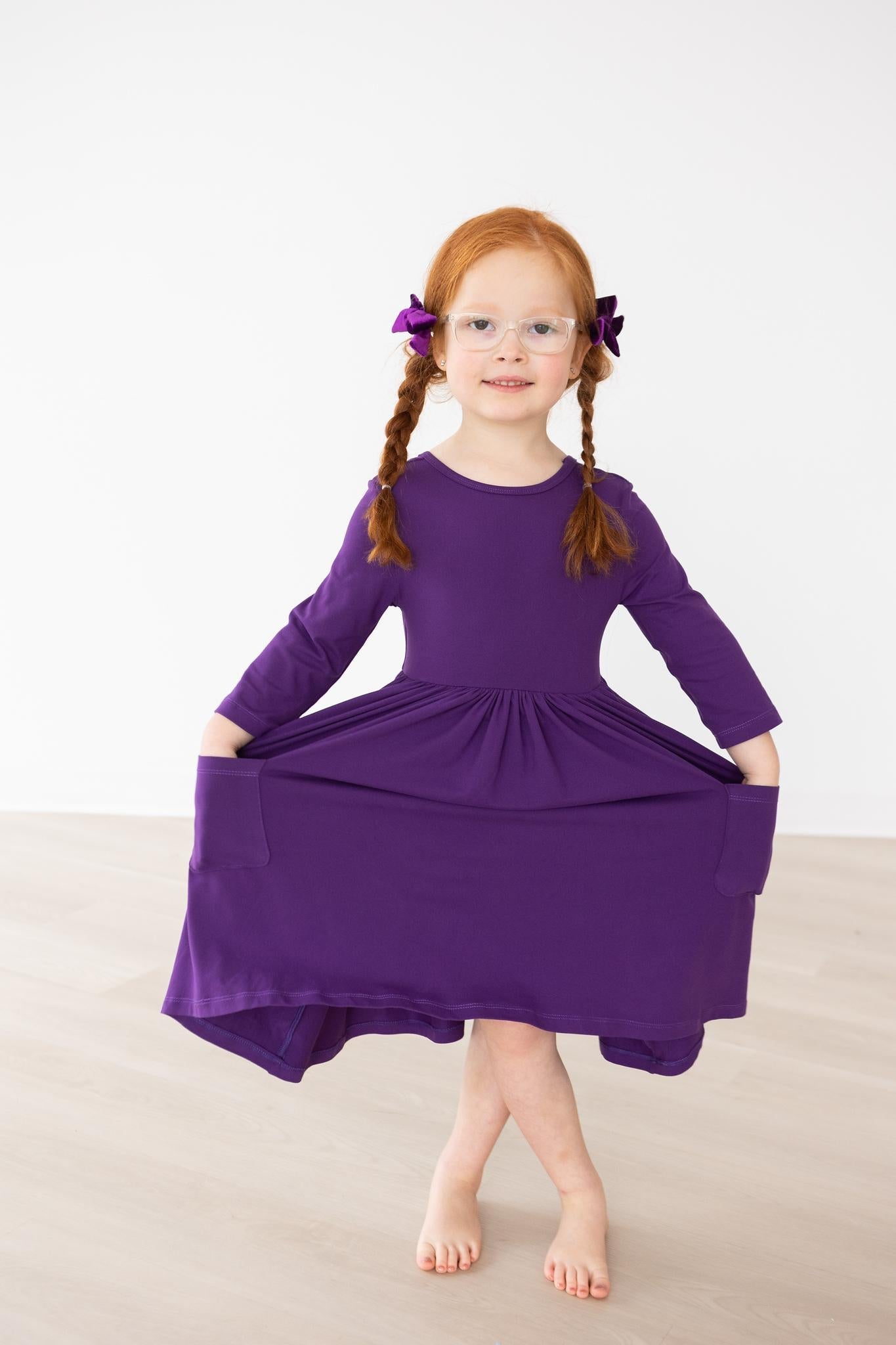 SALE Purple 3/4 Sleeve Pocket Twirl Dress