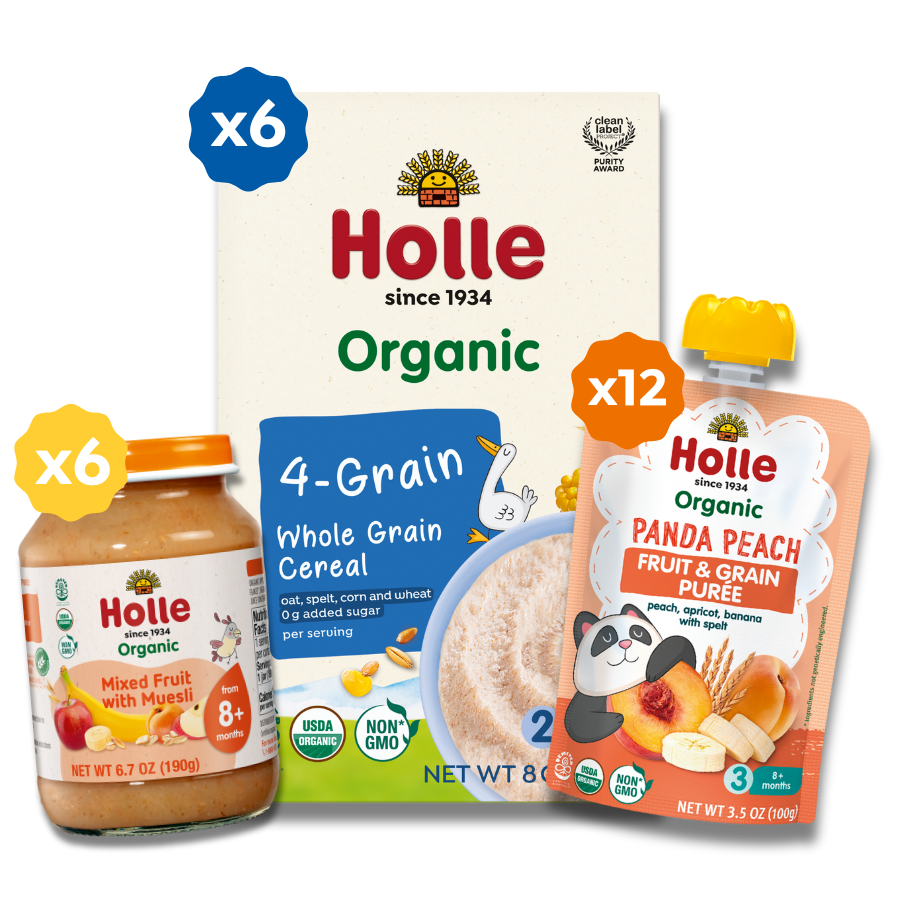 Fruit & Grain Variety Bundle: Panda Peach, Mixed Fruit w/ Muesli Jars, 4-Grain Cereal