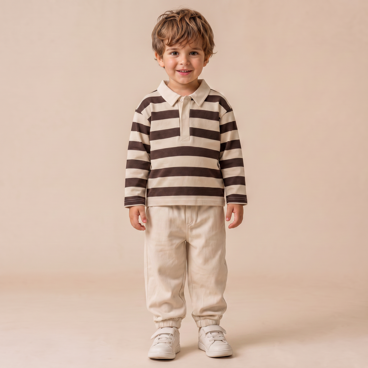 Organic Long Sleeve Polo - Mocha Stripe