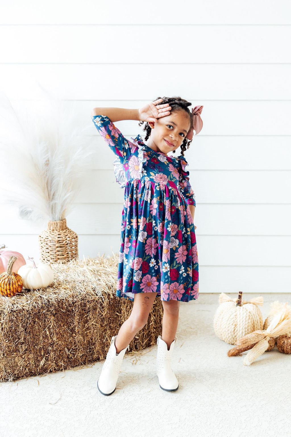 Vintage Garden 3/4 Sleeve Ruffle Twirl Dress