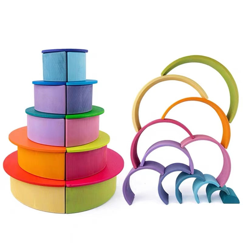 **Pre-order (Ships in 1-2 Weeks)**12-Piece Large Wooden Rainbow Stacking Blocks – Pastel / Macaron Colors
