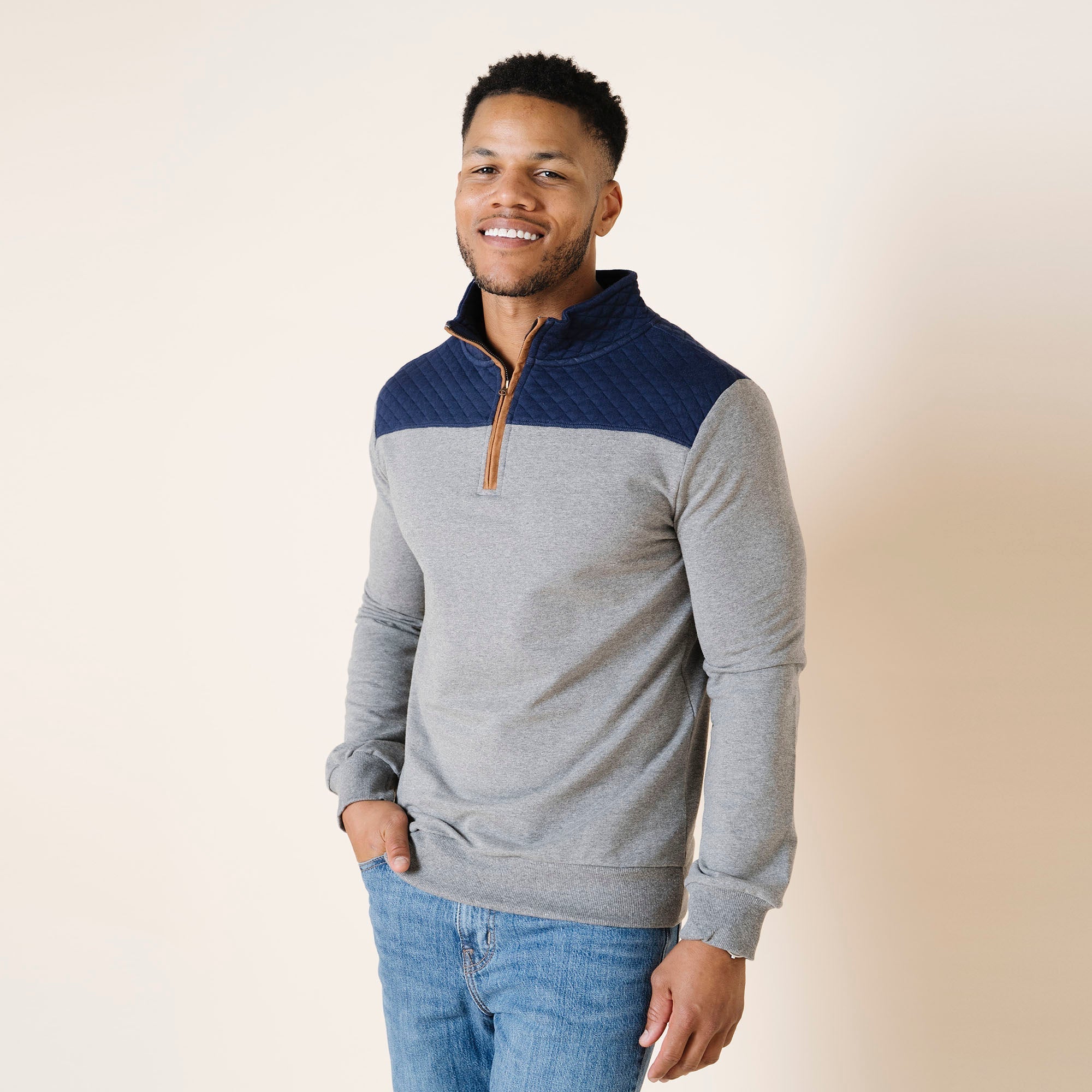 Organic French Terry Half Zip with Quilted Yoke